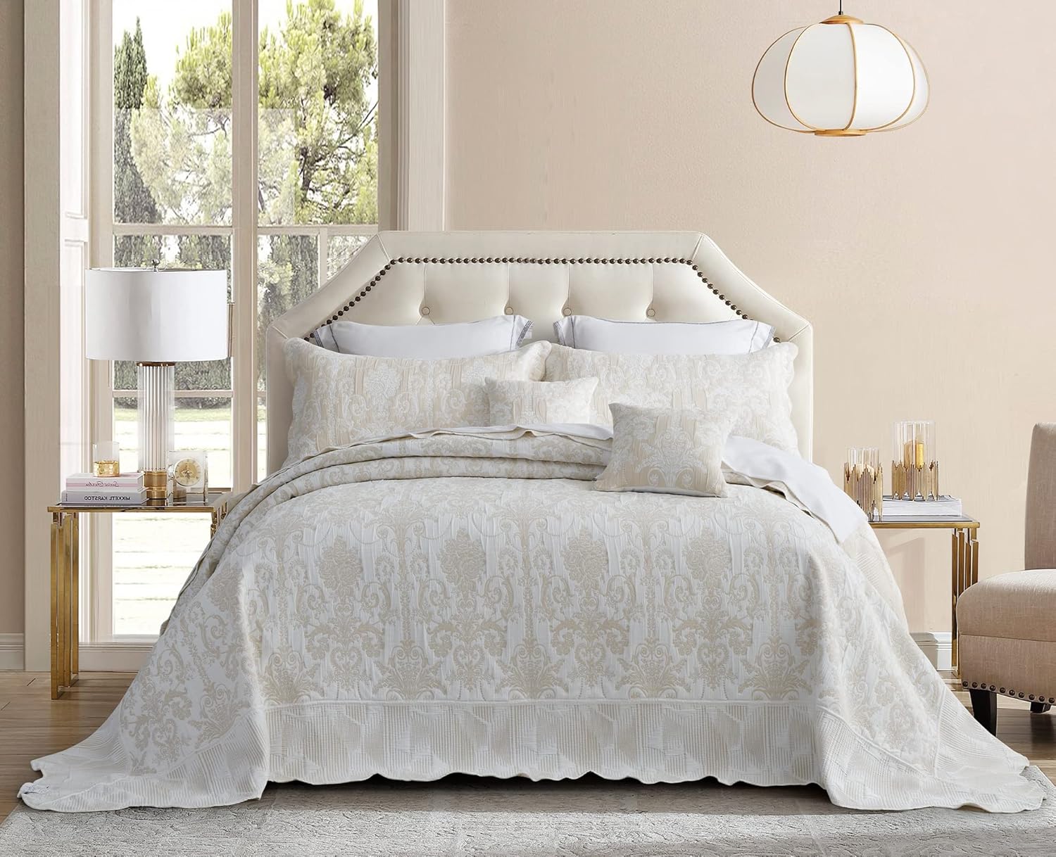 Oversized King Bedspread 128x120 Extra Wide, Jacquard Matelasse Damask Pattern Design, Lightweight, Reversible, 5 Piece, 100% Microfiber, Ivory - Image 3