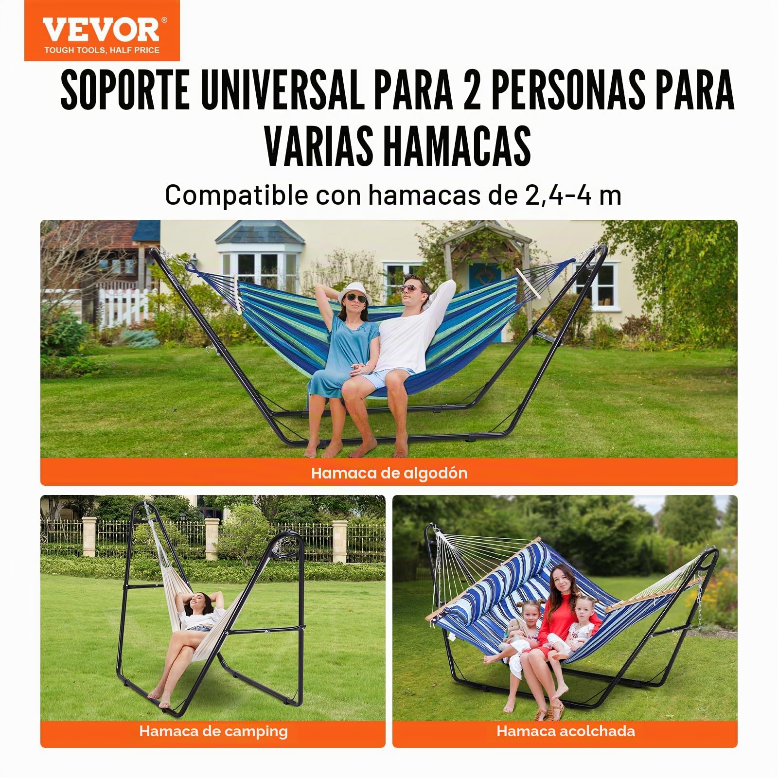 VEVOR Soporte para Hamaca Portátil Carga 250 kg Estructura de Acero Universal para Hamacas de 2,3-3,9 m Ajustable con Cadena, Gancho, Bolsa de Transporte, para Hamaca de 2 Personas Exterior Interior
