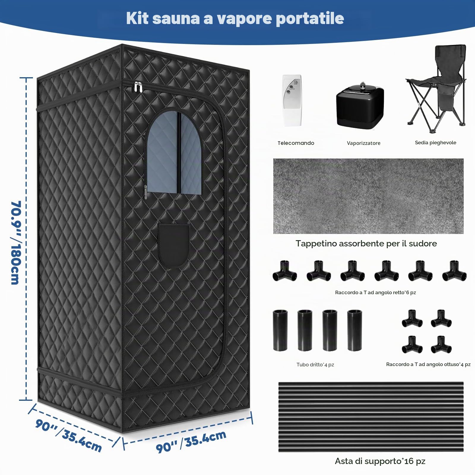 Sauna Portatile Pieghevole 1000W 90x90x180cm con Sedia Telecomando