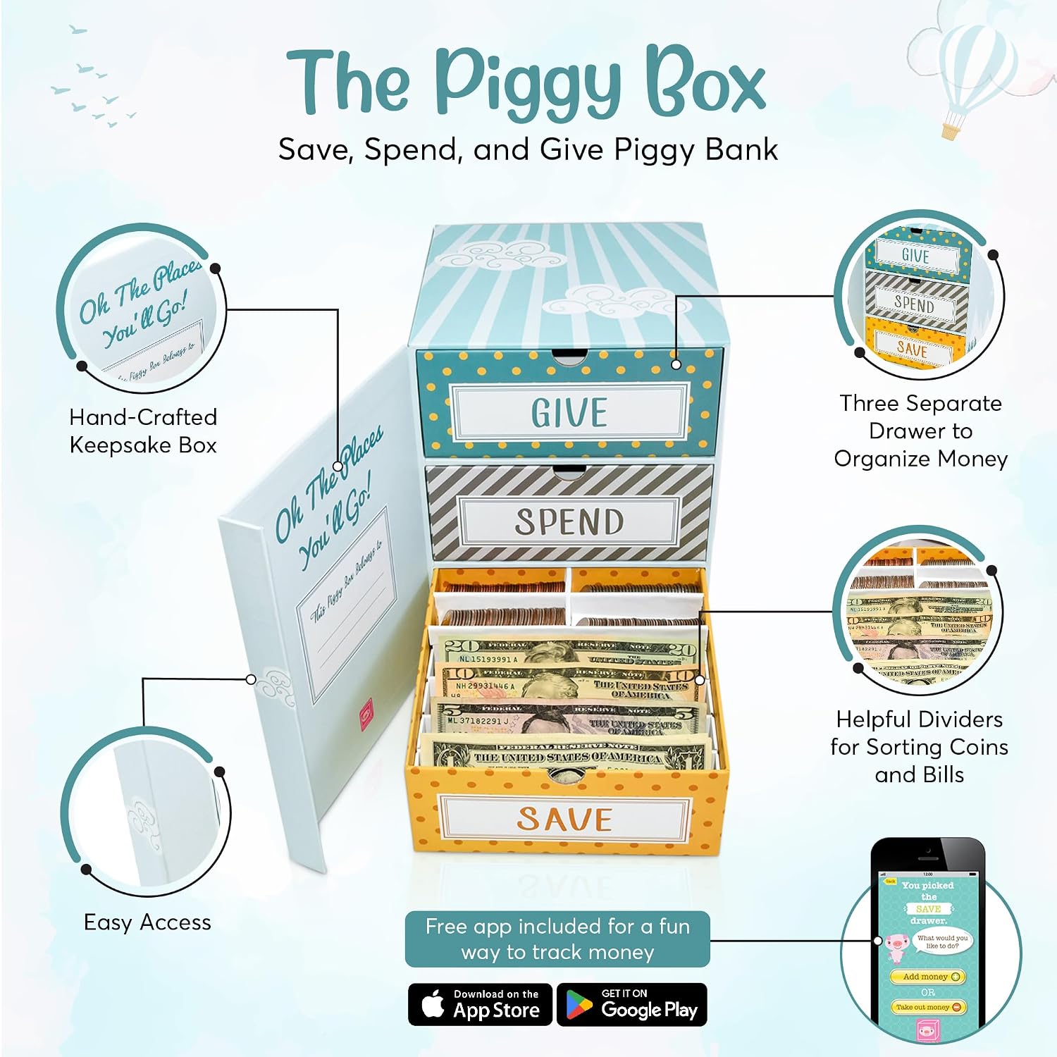 Save Spend Give Piggy Bank | Teach Children About Saving Money & Giving | Three Drawers for Bills and Coins | Great for Birthday Room Decor