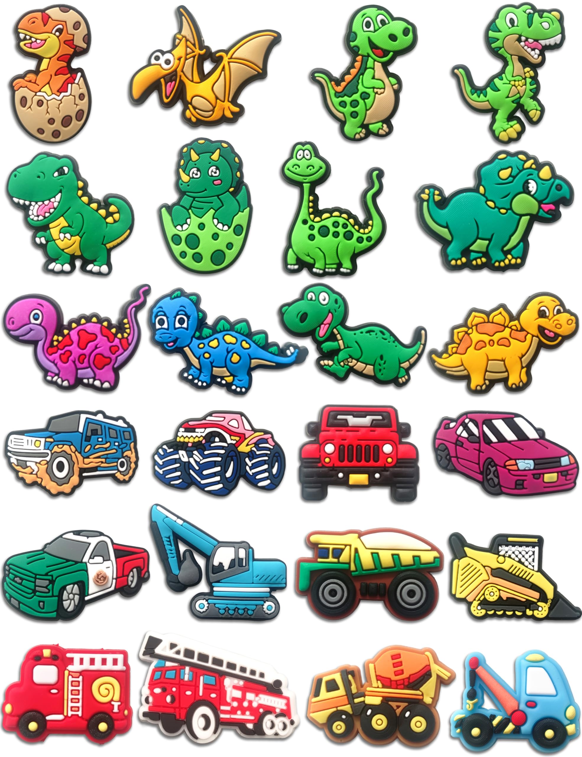 Car & Dinosaur Shoe Charms for Boys, 24 PCS Dino & Truck Shoe Decoration Pins for Clog, Cute Shoe Accessories for Kids Party Favor Gifts