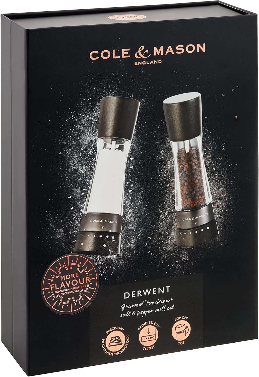 Cole & Mason Derwent Black Wood Salt and Pepper Mills, Gourmet Precision+, Adjustable Grind, Stained Beech/Acrylic, 190 mm, Gift Set, Includes 2 x Salt and Pepper Grinders