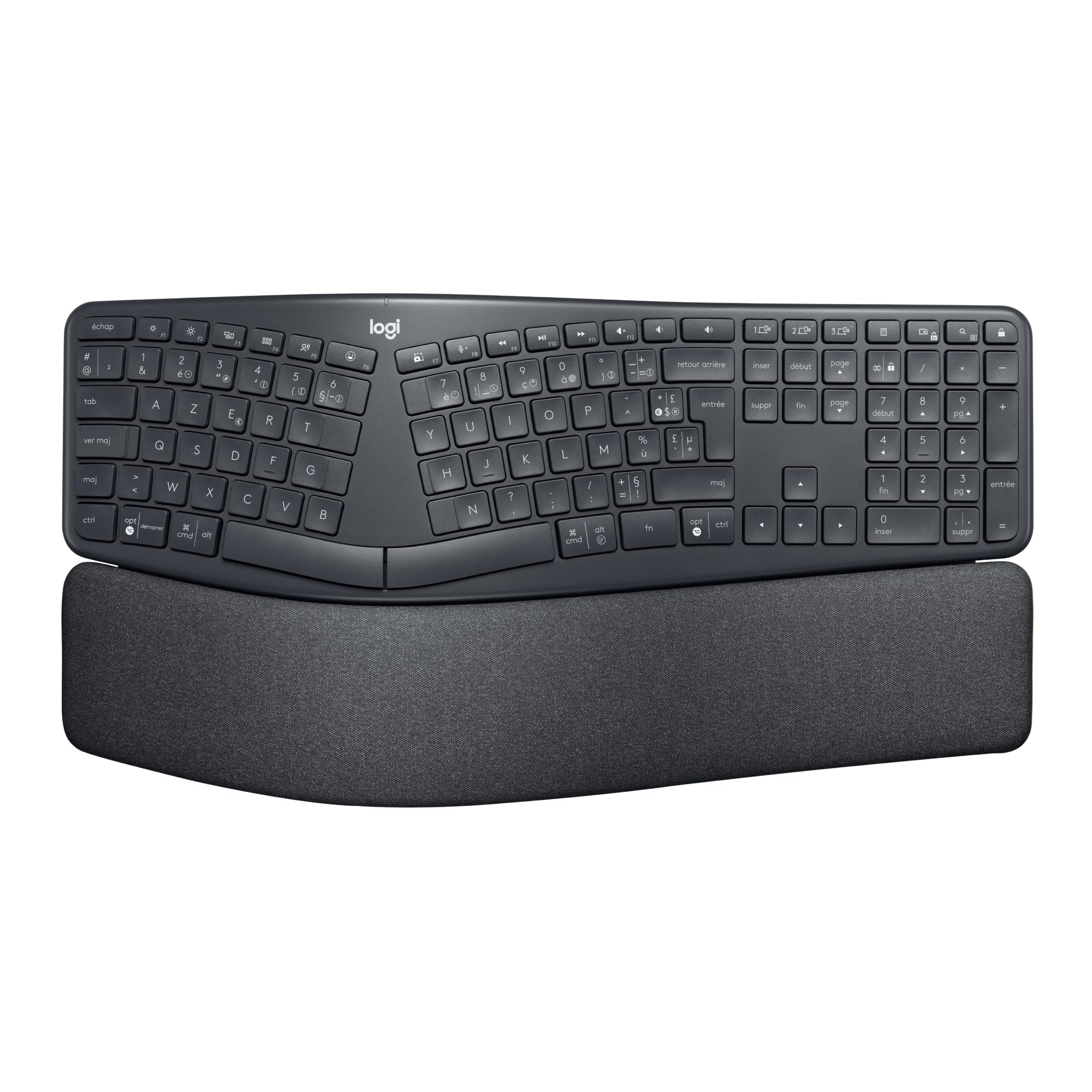 Logitech Ergo K860 Clavier Ergonomique sans Fil - en Deux Parties, Repose Poignet, Frappe Naturelle, Bluetooth et Connectivité USB, Compatible avec PC & Mac, Clavier Français AZERTY - Gris