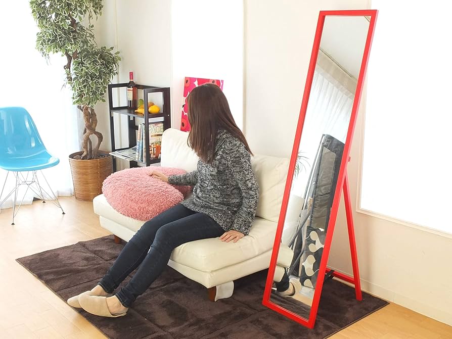 T 木製スタンドミラー Amazon.co.jp: 天然パイン材 木製スタンドミラー レッド(赤