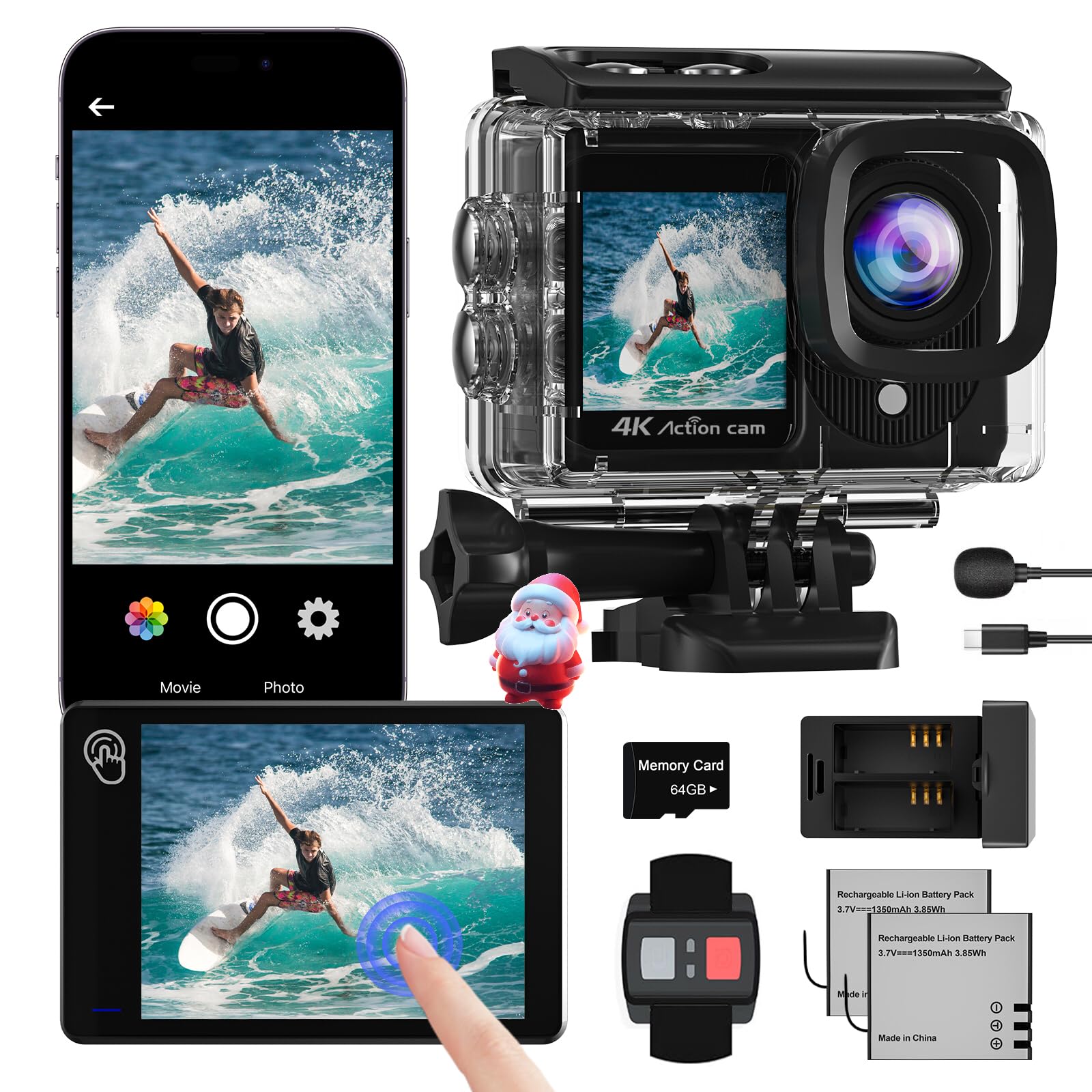 Action Cam 4K a Doppio Schermo, 48MP WIFI Videocmera con Scheda SD da 64GB,131ft Fotocamera Subacquea, 170° Telecamera Moto con Telecomando, Microfono, 2 Batterie,Accessori Multifunzione.