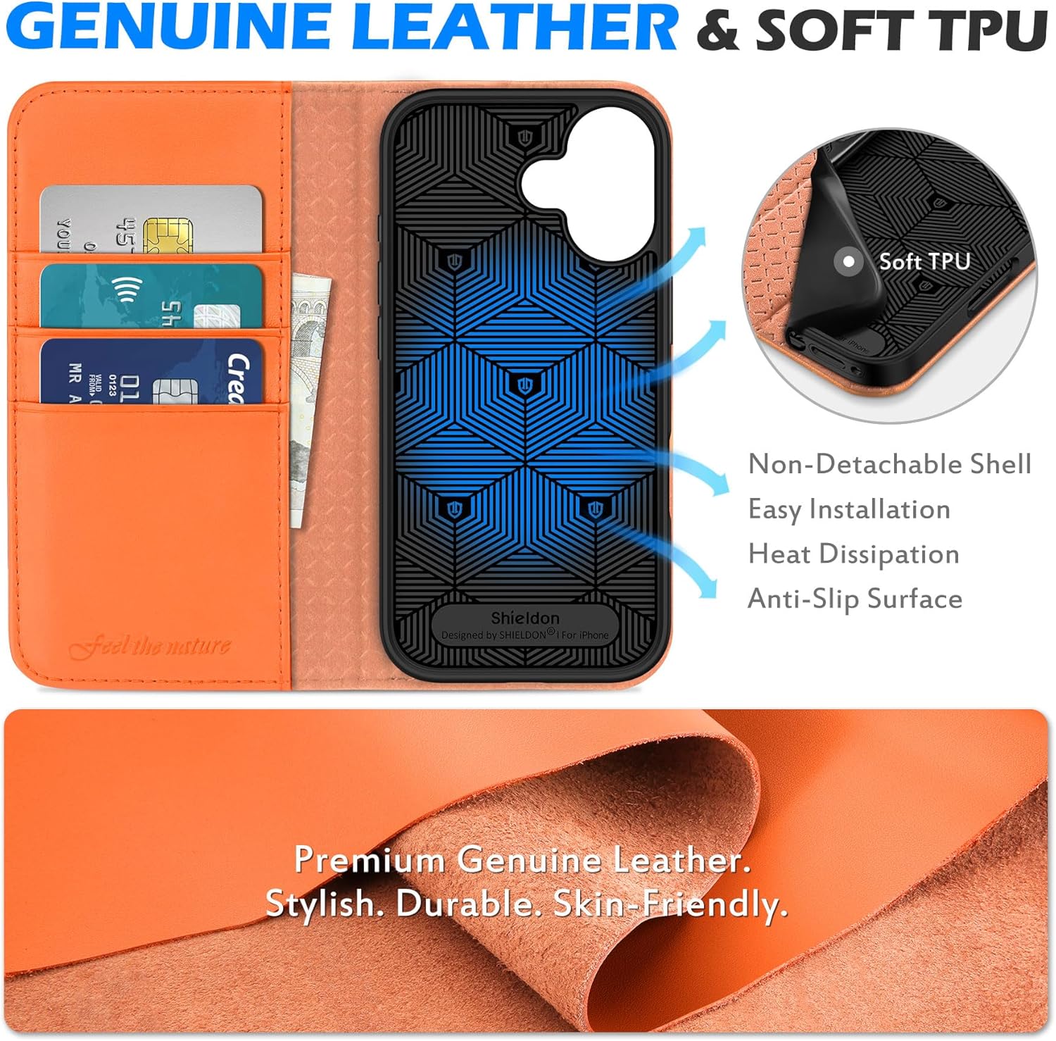 SHIELDON Genuine Leather Case Wallet for iPhone 17 6.3-inch 2025 | Folio Design, Magnetic Closure, Kickstand, RFID Blocking Credit Card Slots, Full Protection, Soft Phone Cover - Orange