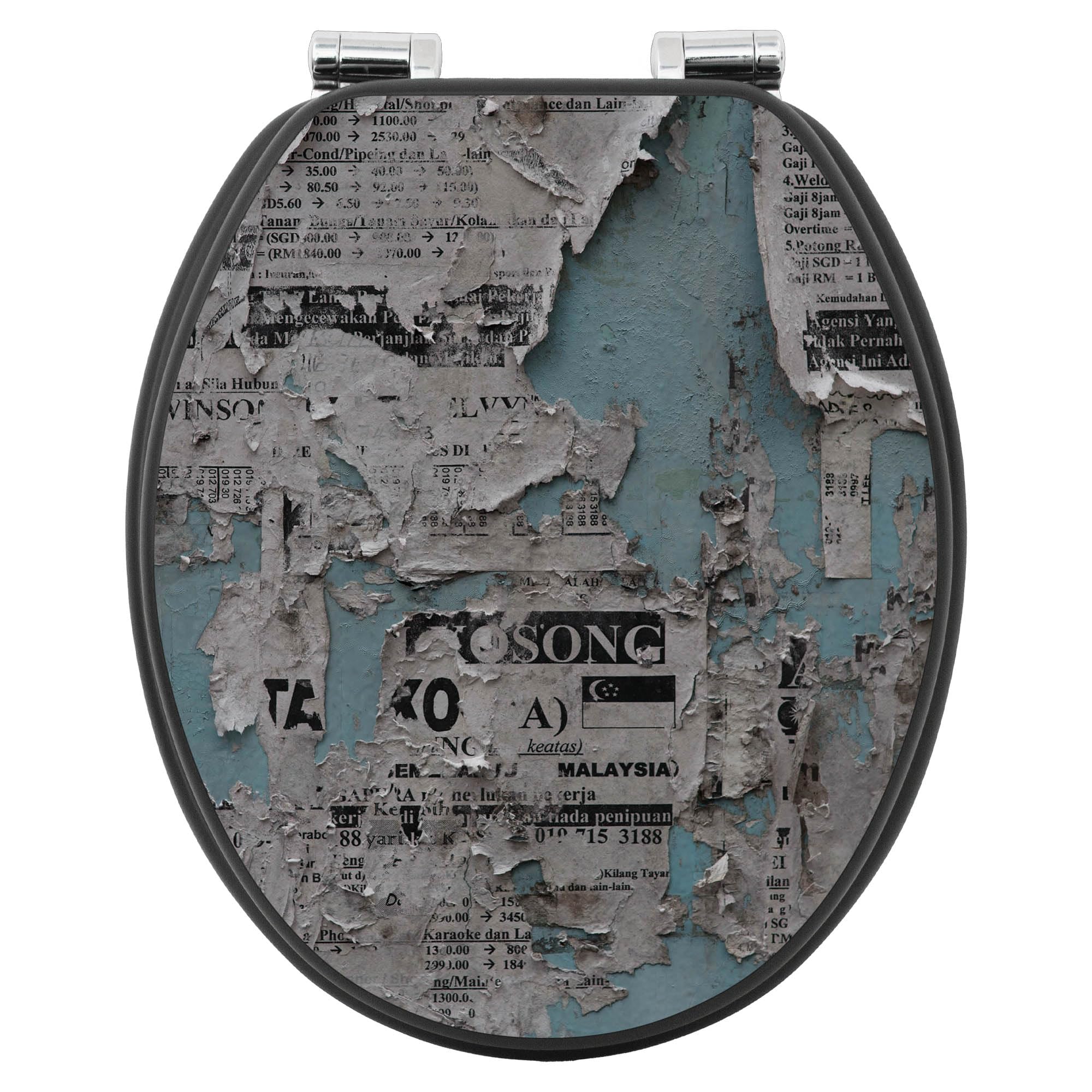 banjado WC Sitz Abstrakt & Muster - Absenkautomatik leise - 38 x 46,5 cm O-Form - MDF Holz Toilettendeckel anthrazit - Klositz grau pflegeleicht mit Softclose - Motiv Wand mit Zeitungen
