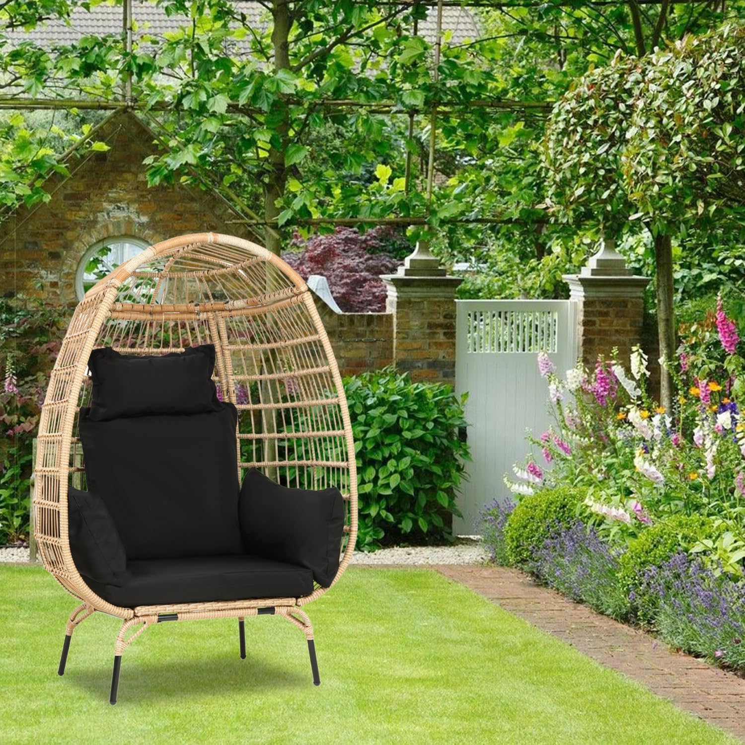 Egg Chair Outdoor Rattan Patio Egg Chair Hand-Woven Oversized Wicker Egg Chair Outdoor Indoor Lounge Chair with Padded Cushions Steel Frame for Living Room Backyard Patio Porch, Black