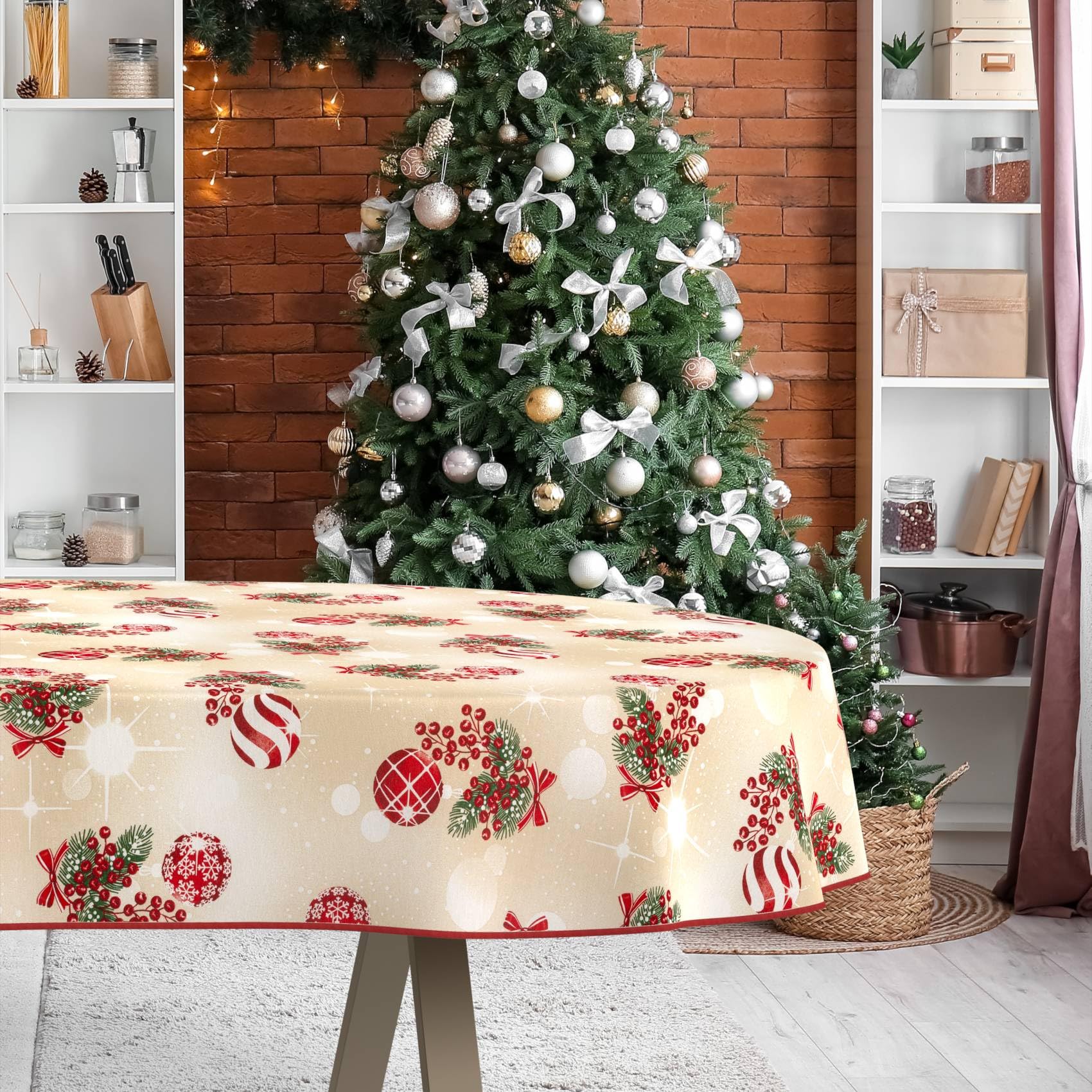 ANRO Tischdecke abwaschbar Weihnachtskugeln Beige mit Saum oval 220x140 cm