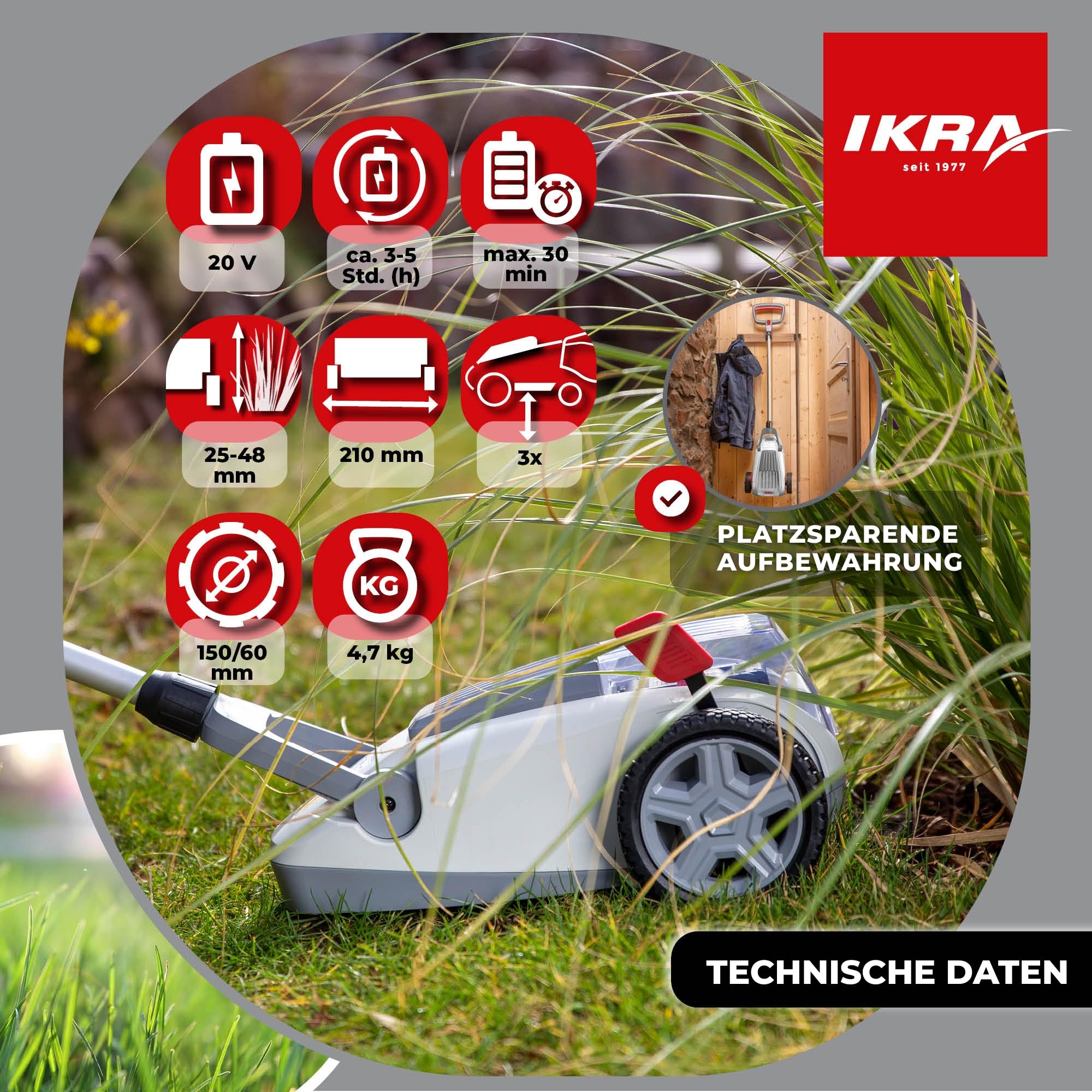 IKRA Akku Einhandmäher Rasenmäher ICHM 20, inkl. 20V Akku & Ladegerät | Mit Mulchfunktion, für kleine Rasenflächen bis 50m², Schnittbreite 21cm, Schnitthöhe 25-48mm, 20V-Akku-Familie von IKRA