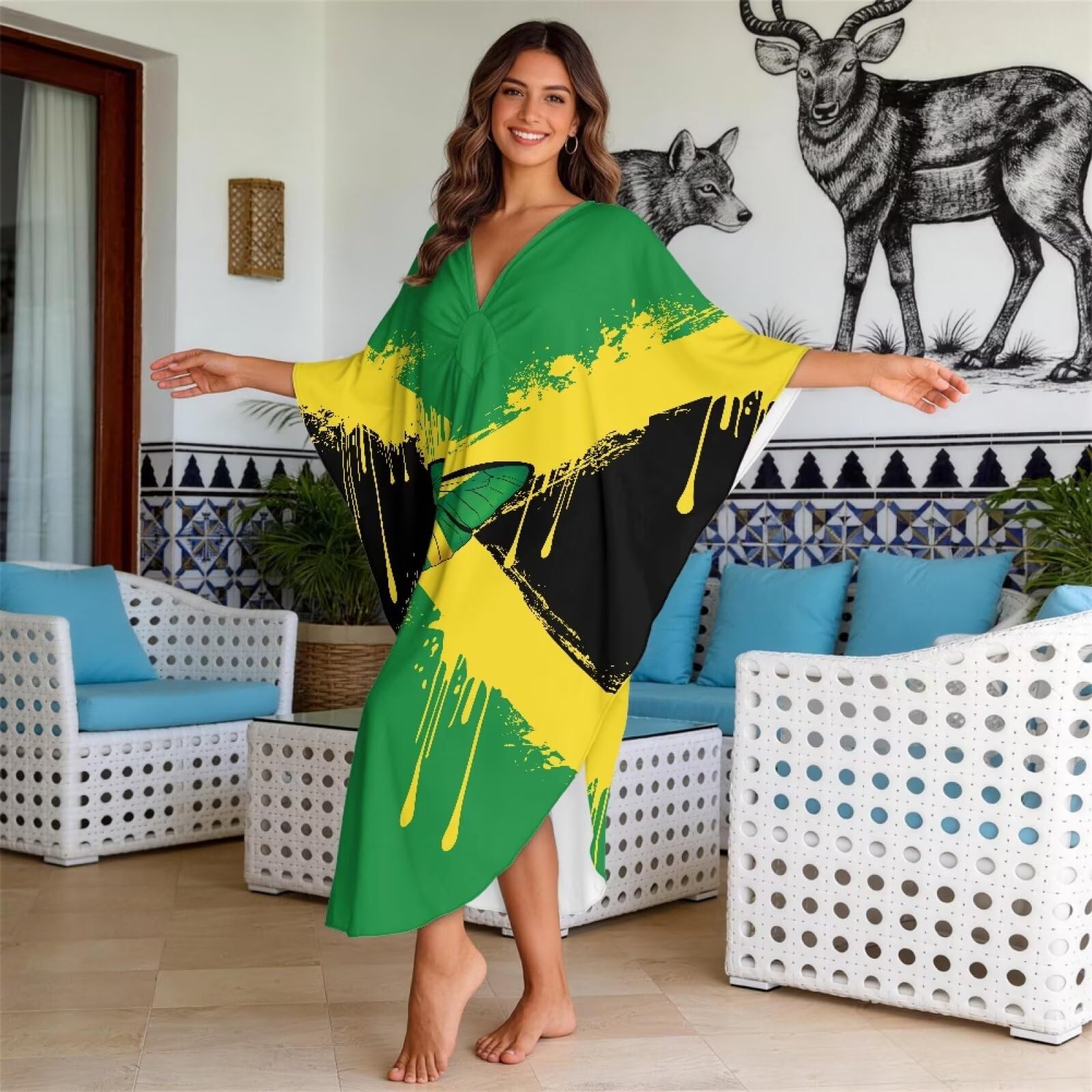 Xoenoiee Caftano da donna taglie forti copricostume da spiaggia con scollo a V manica a pipistrello copricostume estivo caftano vestito