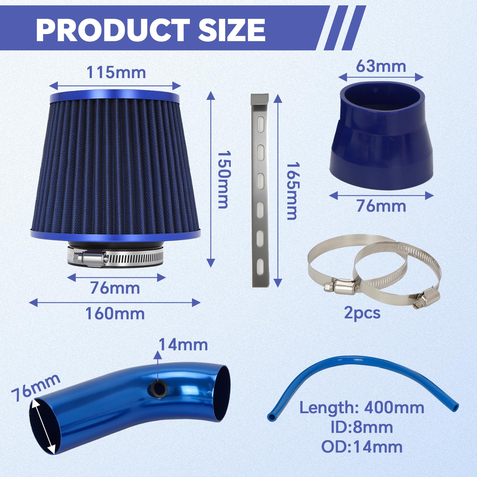 76mm (3") Universal Kaltlufteinlass Kit, Sportluftfilter mit Aluminium-Ansaugrohr & Silikonverbinder, Auto High-Flow Ansaugsystem für Tuning, Blau