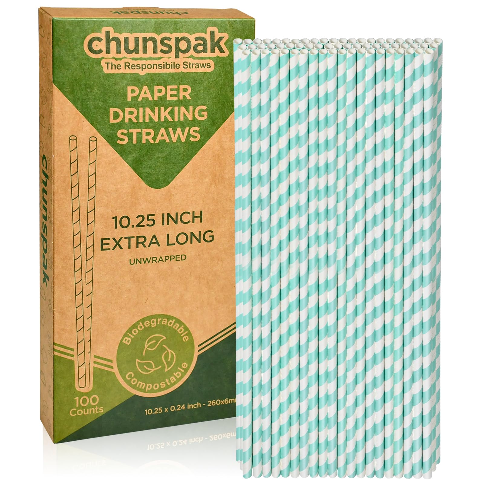 Aqua Paper Straws 10 Inch Extra Long - for Tall Drinks, Baby Shower, Parties, Cocktails - 100 Counts