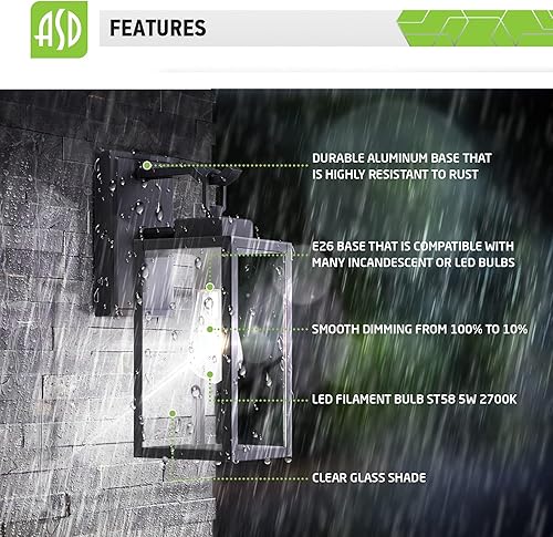 Miniatura 4 de ASD Farol de pared para exteriores de 13 pulgadas, aplique de pared exterior E26 base (bombilla LED regulable incluida), luz negra mate antioxidante