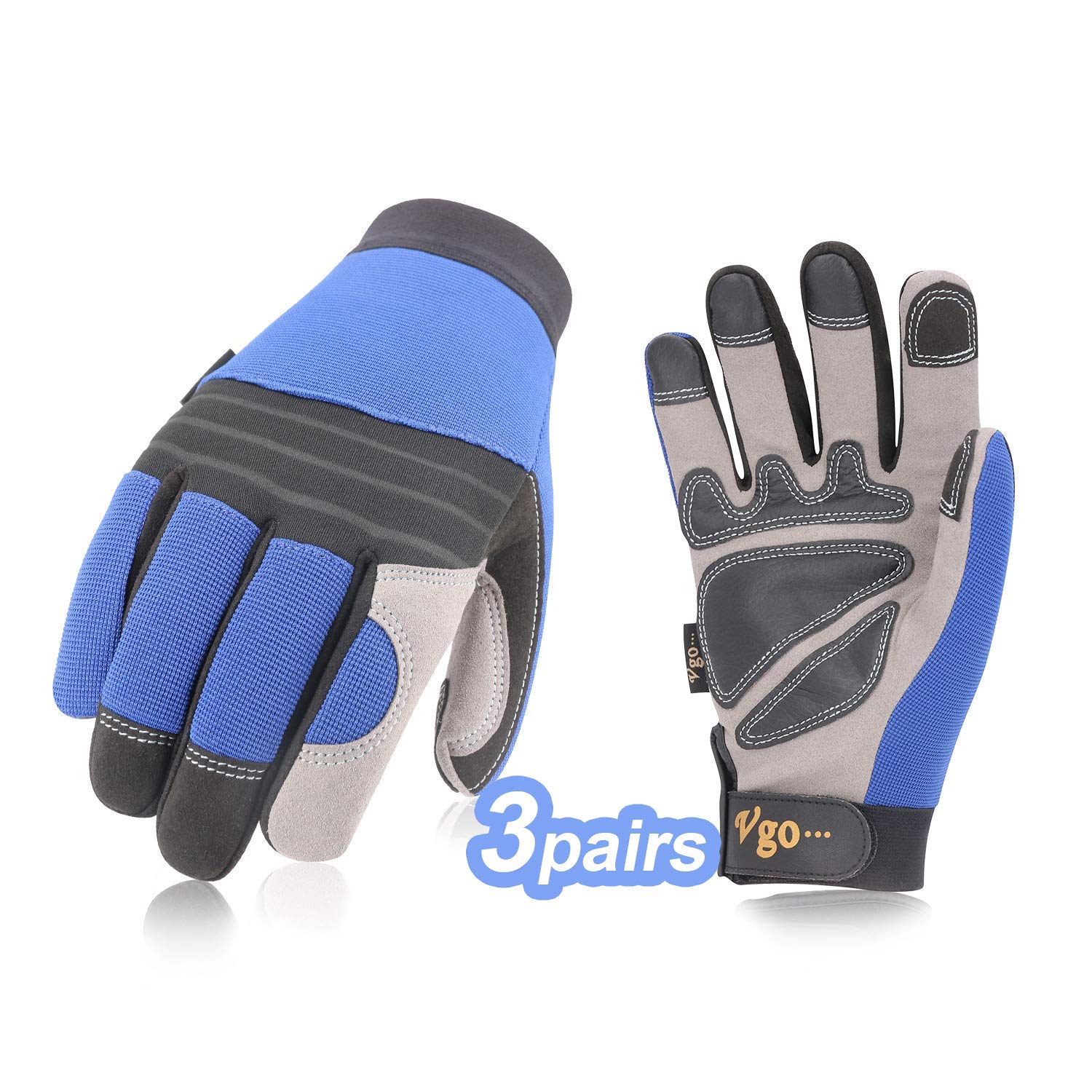 Vgo 3Pairs Synthetic Leather Multifunctional Work Gloves, Driving Gloves, Construction Gloves, Garden, Farm, Build, Mechanic Gloves (Size 8/M, Blue, SL7621)