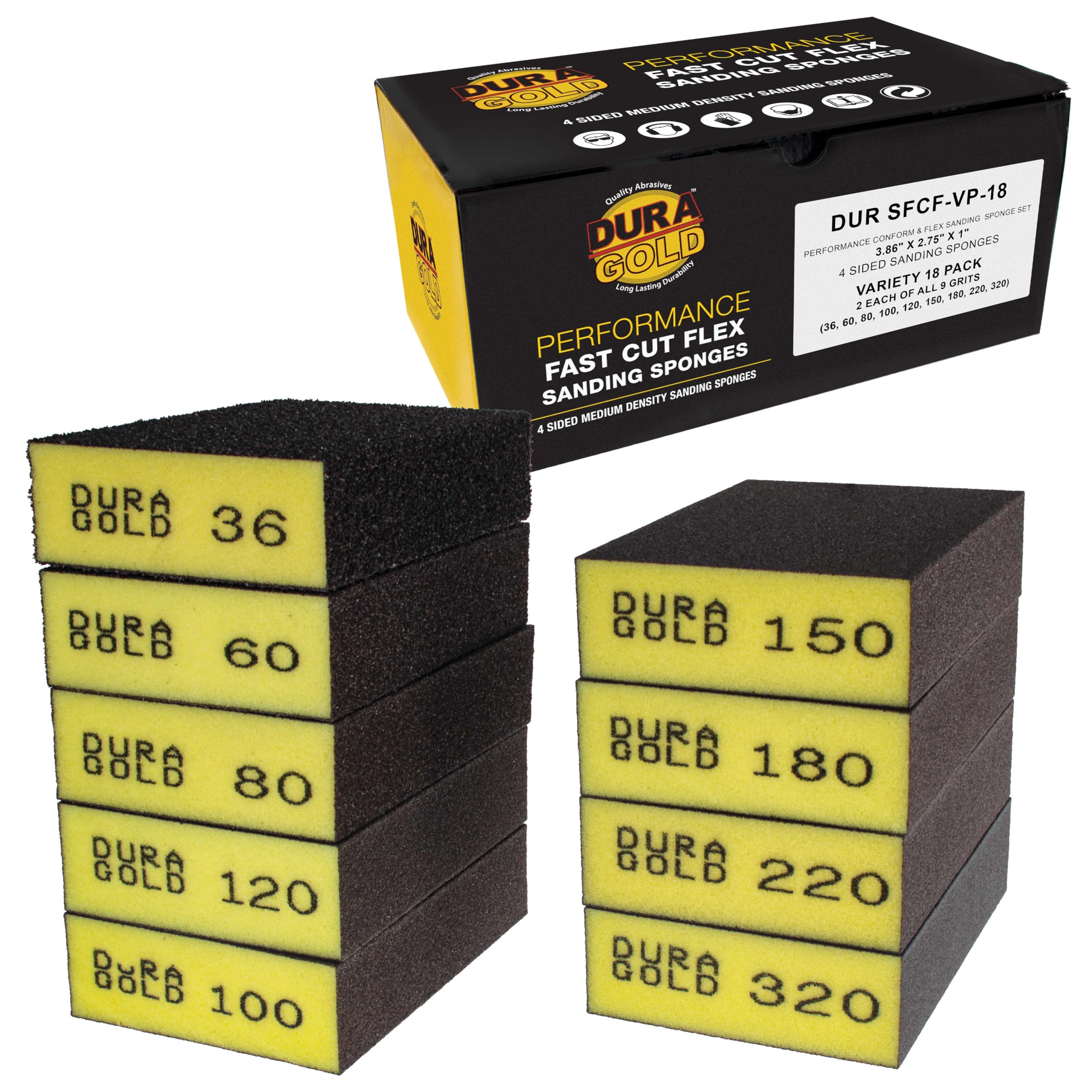 Dura-Gold 4-Sided Hand Sanding Block Sponge Variety Pack, Box of 18, Grits 36, 60, 80, 100, 120, 150, 180, 220, 320-3.9" x 2.75" x 1" Wet or Dry
