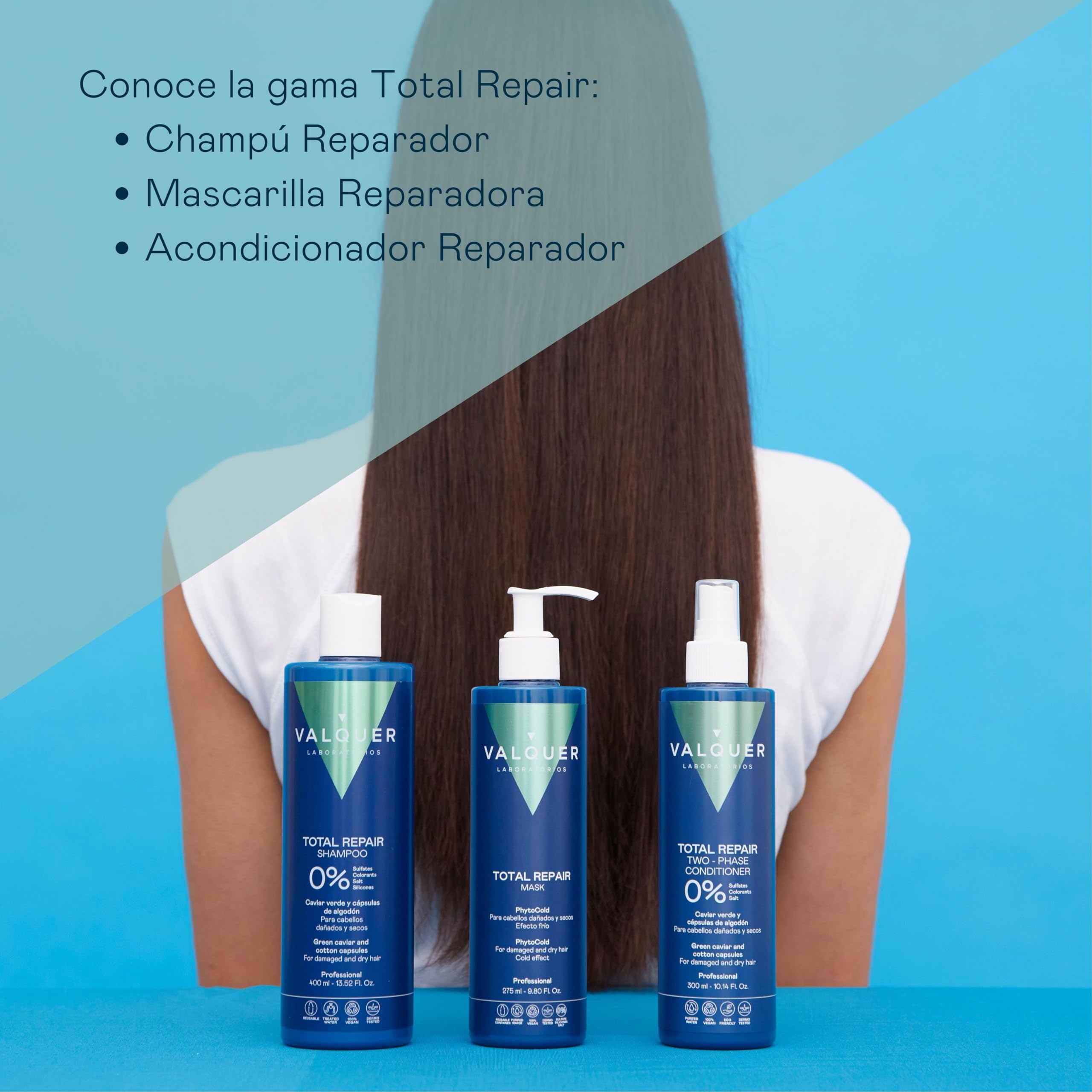 Valquer Sérum Capilar Intensivo Total Repair. Tratamiento Reparador para Cabellos Dañados y Secos con Panthenol y Vitamina E. Brillo, Suavidad y Acabado Perfecto. Vegano. 275 ml