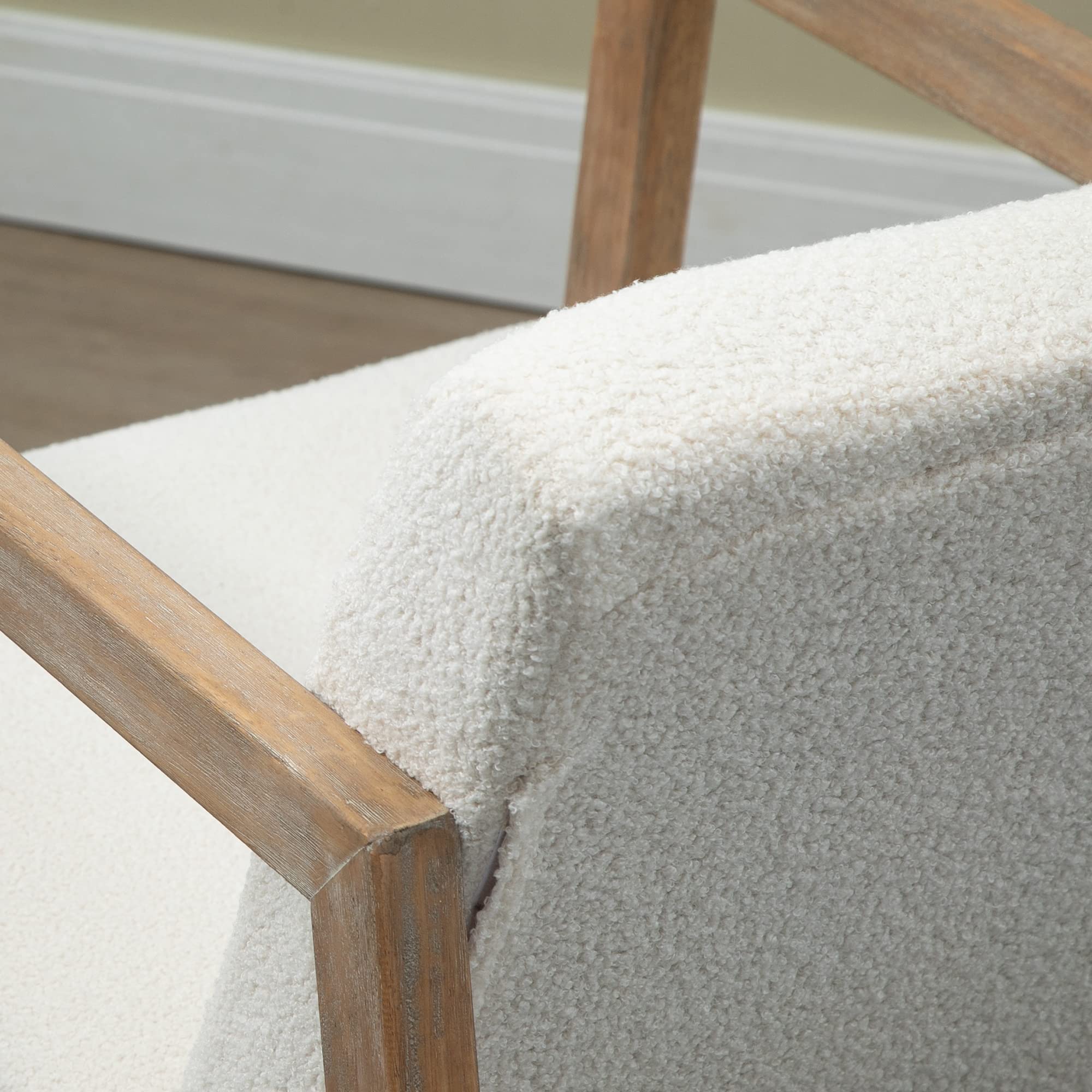 HOMCOM Sedia a Dondolo Minimal con Cuscini per Seduta e Schienale, Sedia per Soggiorno in Legno di Caucciù, Pile e Schiuma, 60x81x71 cm, Bianco Crema
