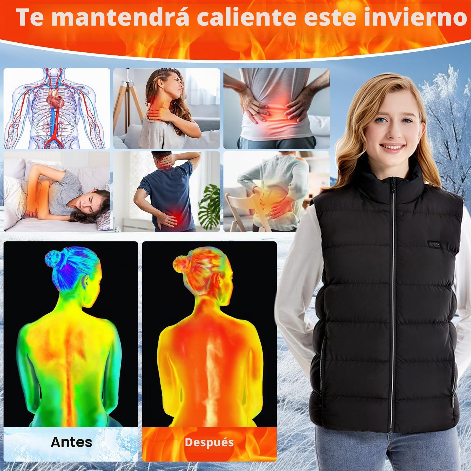 Chaleco Calefactable Unisex Hombre Mujer, Chaleco Calefactable Eléctrico con 3 Temperaturas 21 Zonas de Calefacción Chaqueta Calefactable con Carga USB para Esquí Senderismo y Pesca(Sin Batería)