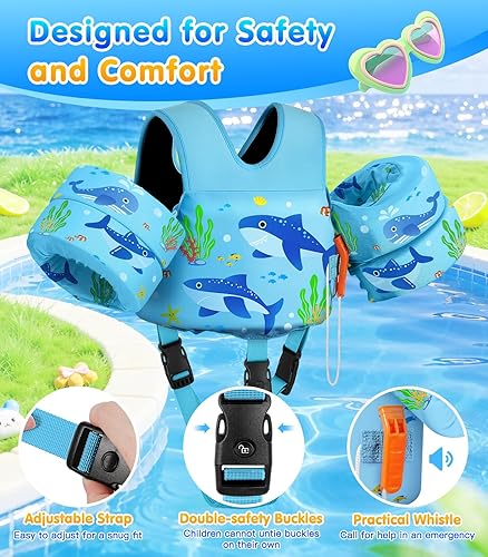 Miniatura 3 de MoKo Chaleco de natación para niños de 15-30-50-66 libras, flotadores de brazos de charco de dibujos animados con correa de entrepierna, flotadores