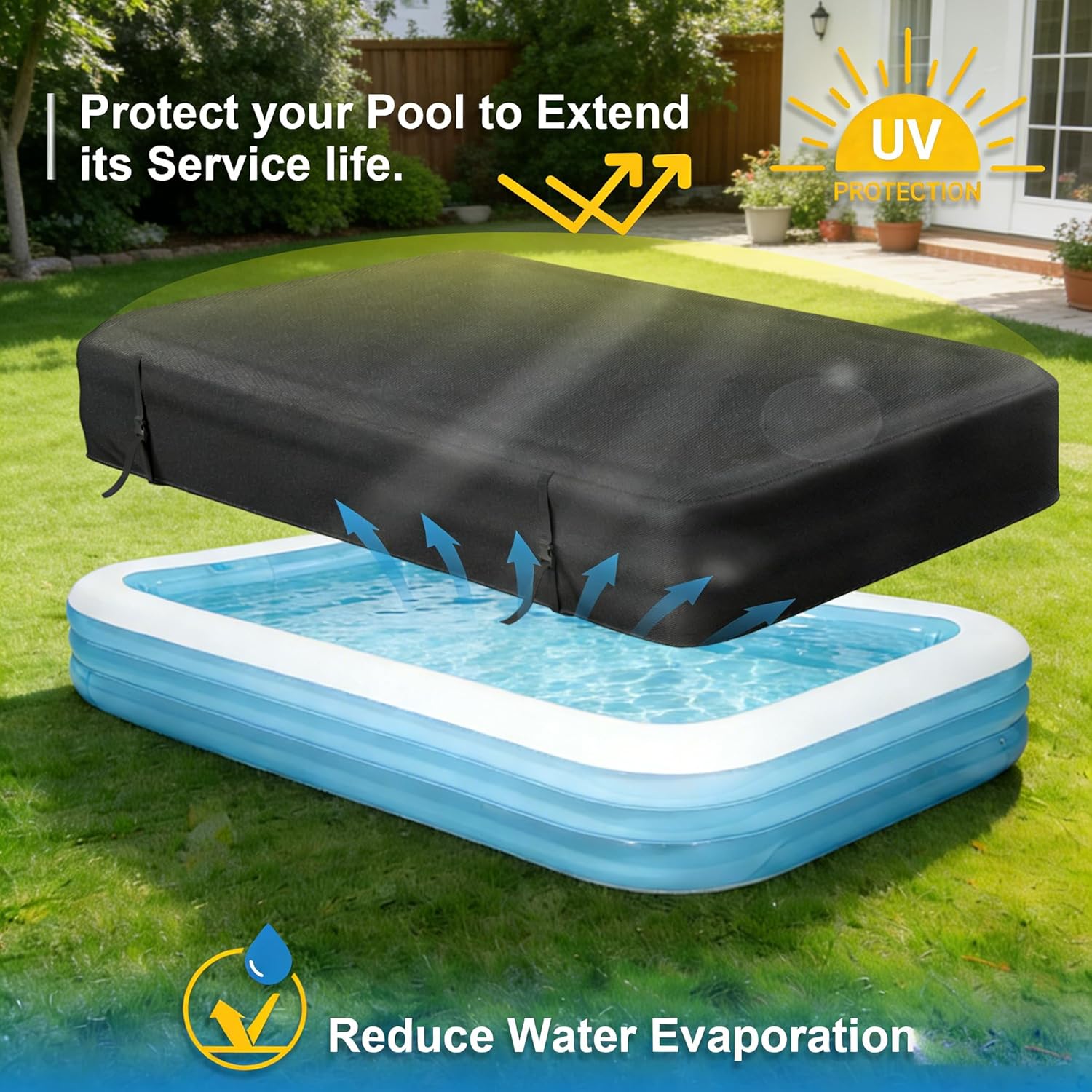 Rectangular Pool Cover for Inflatable Pool, Upgrade Design 420D Heavy-Duty Waterproof Oxford Pool Cover for Above Ground Rectangular Inflatable Swimming Pool with Windproof Buckle (120x72x20IN)