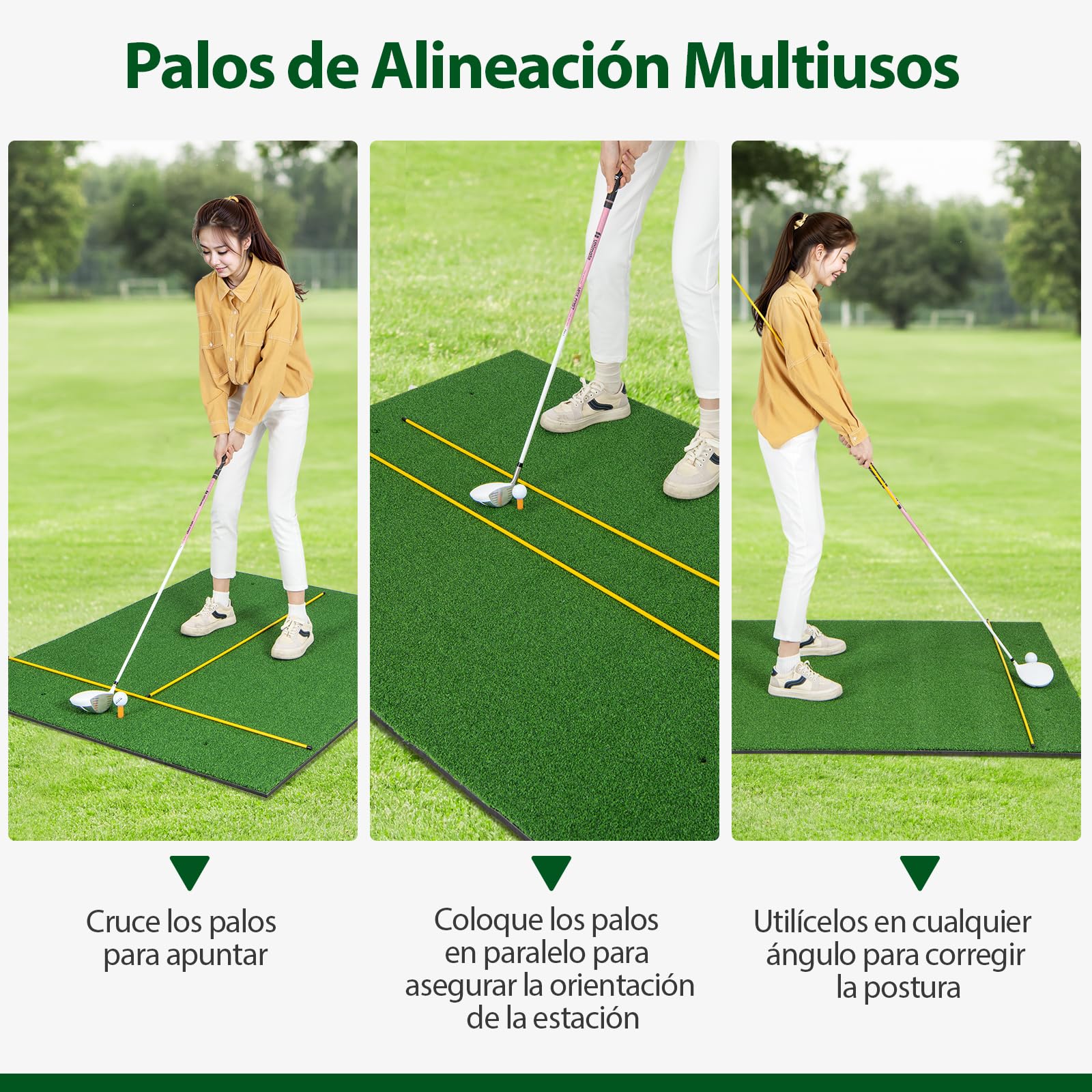 GYMAX Alfombrilla de Golf para Golpear Pelotas, Tapete de Césped Artificial para Práctica de Golf Interior y Exterior con 2 Tees de Goma y 2 Palos de Alineación