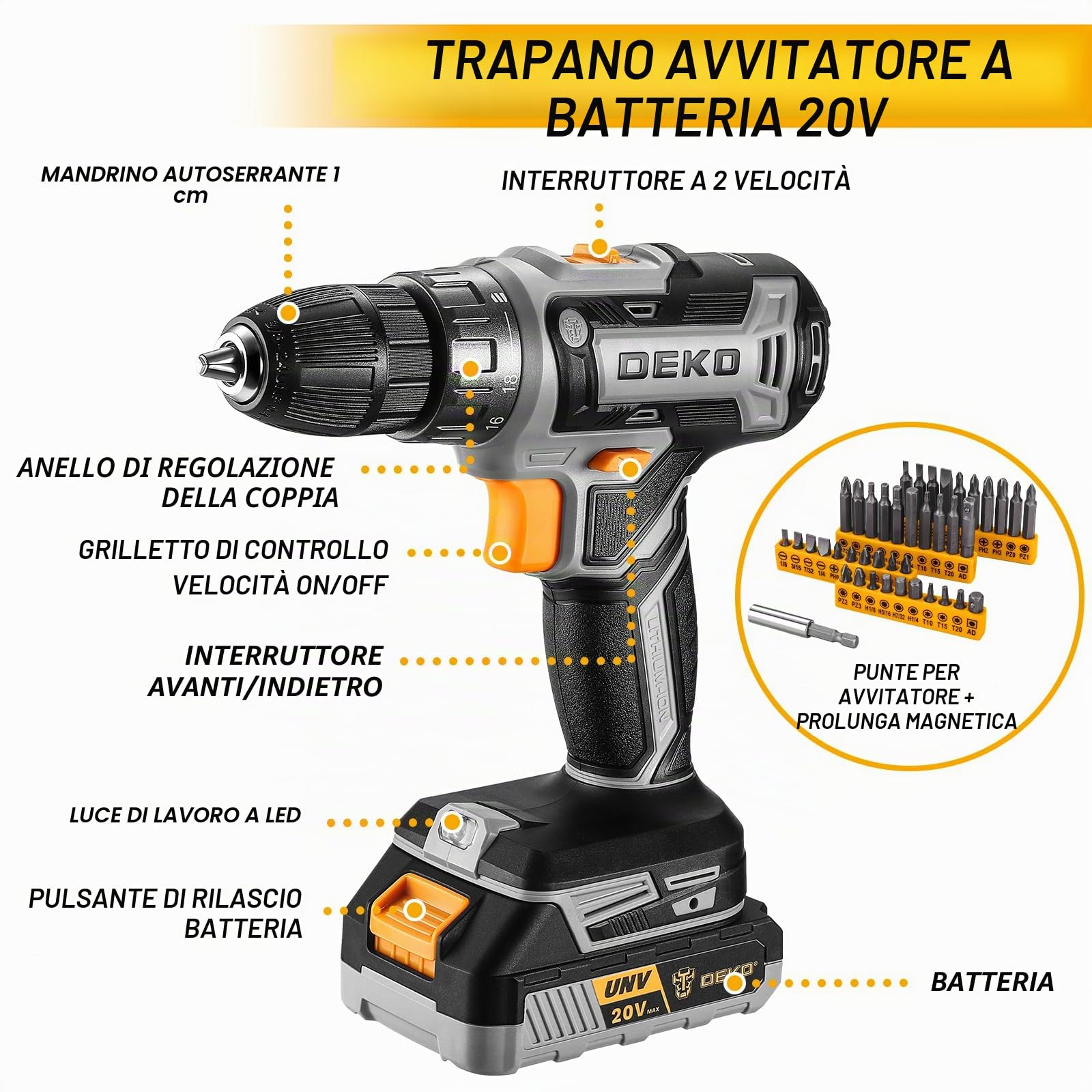 DEKO Cassetta Attrezzi Completa con Trapano Avvitatore Batteria 20V, 186 Pezzi, Set Completo di Punte