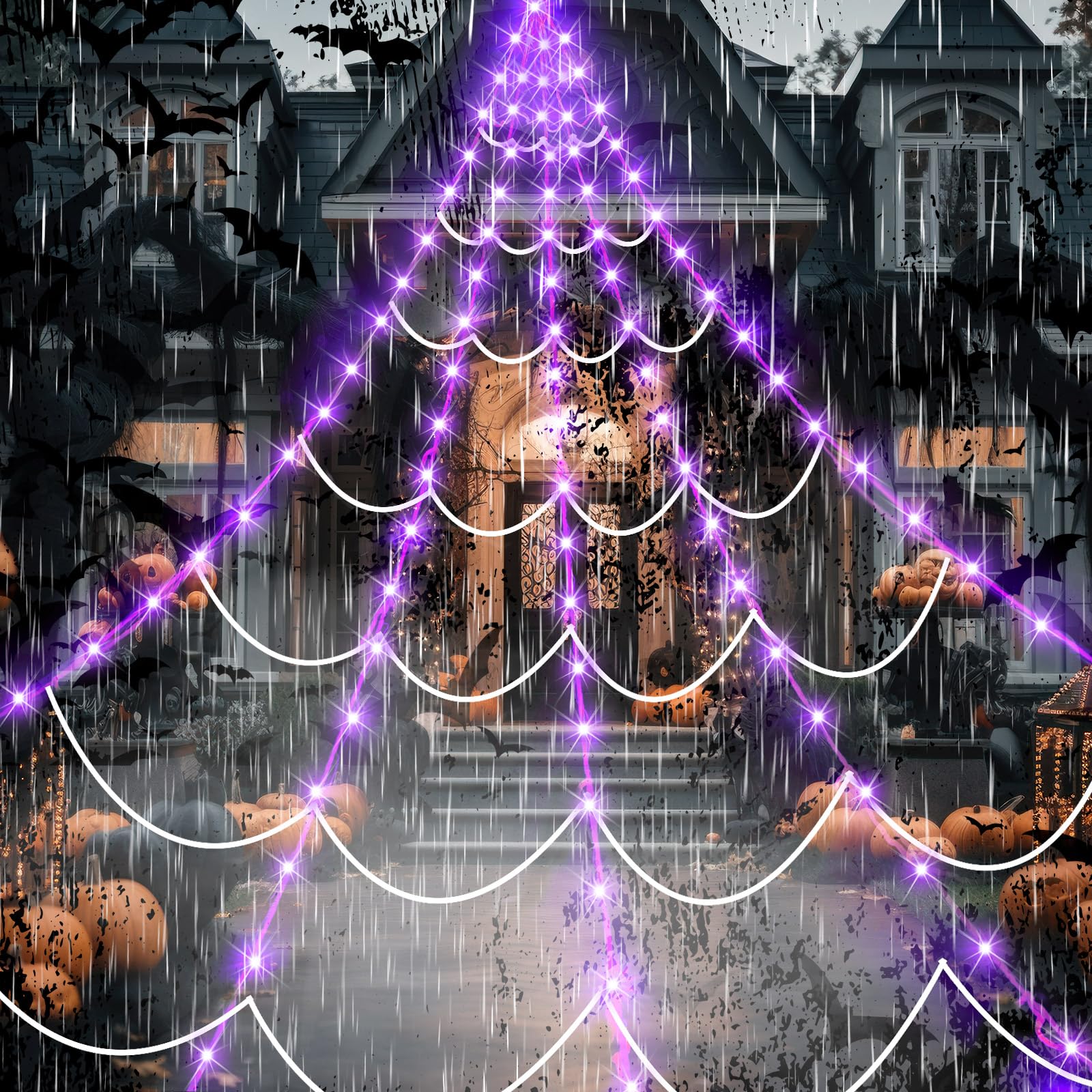 Retisee Luces Gigantes de telaraña con Sensor de Movimiento de 17 pies, 120 Luces moradas para decoración de Ventanas de Halloween, Exteriores, Interiores, hogar, Fiesta, Patio Encantado