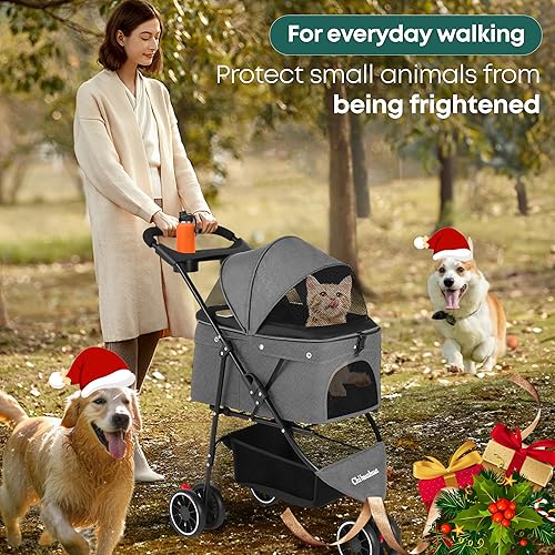 Miniatura 6 de Cochecito para mascotas, cochecito para perros pequeños y medianos, gatos, 3 ruedas, plegable, con toldo de malla transpirable, portavasos, fácil