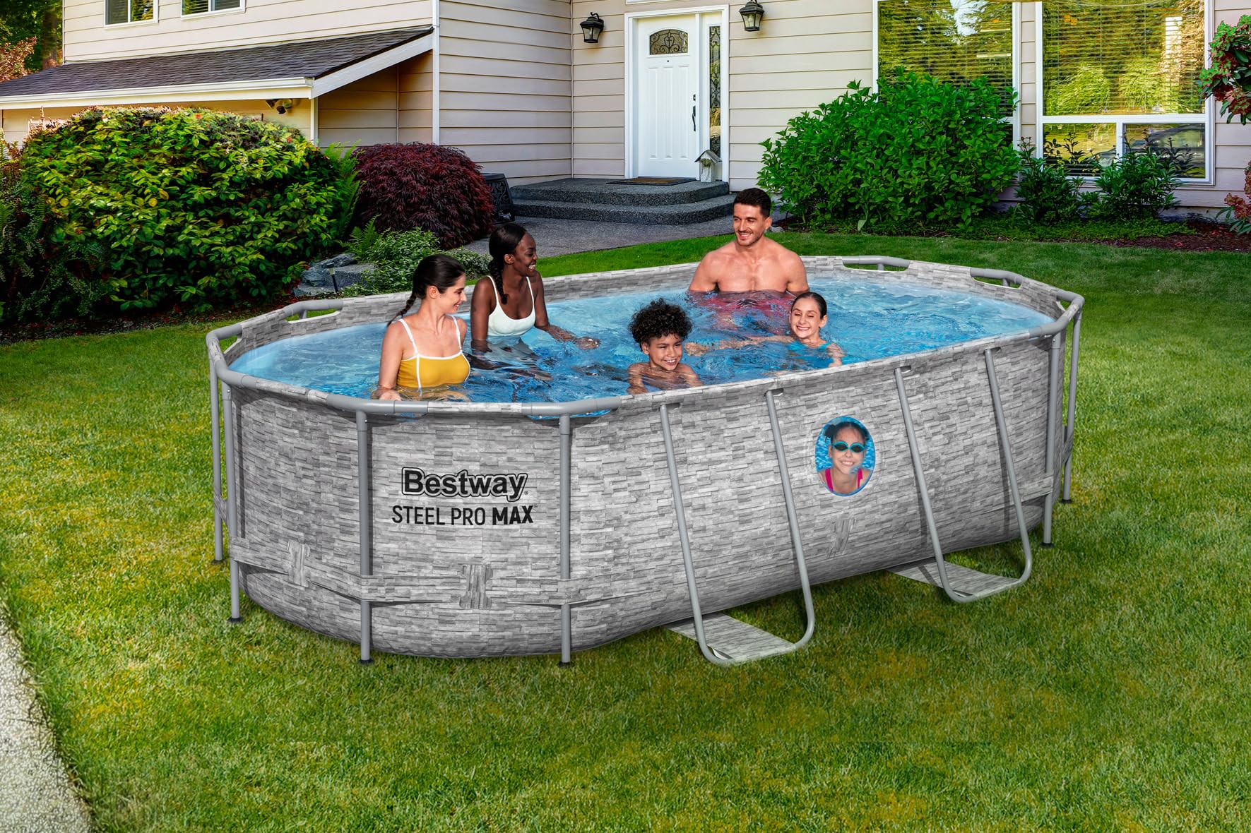 Bestway 56714-7 Set piscina fuori terra ovale Steel Pro MAX Splashview - 4,27 m x 2,50 m x 1,00 m, grigio effetto pietra