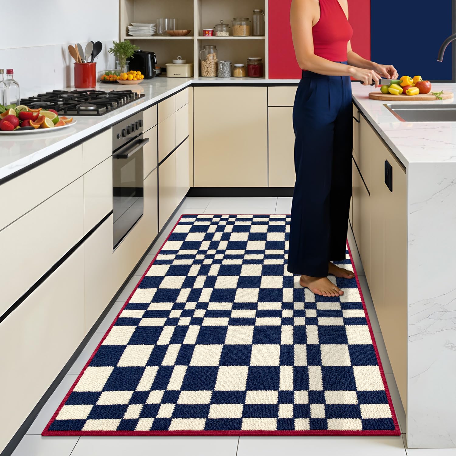 Tapetes de cocina a cuadros azul marino Biscpro alfombras antideslizantes lavables de 80 x 120 cm