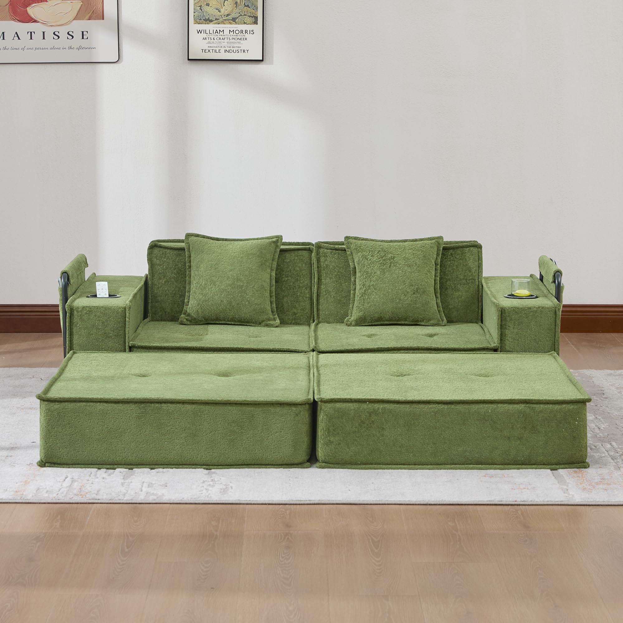 Divano letto a 2 posti, moderno, comodo, in tessuto, due cuscini, poggiapiedi con vano portaoggetti laterale e portabevande, elegante e decorativo, verde
