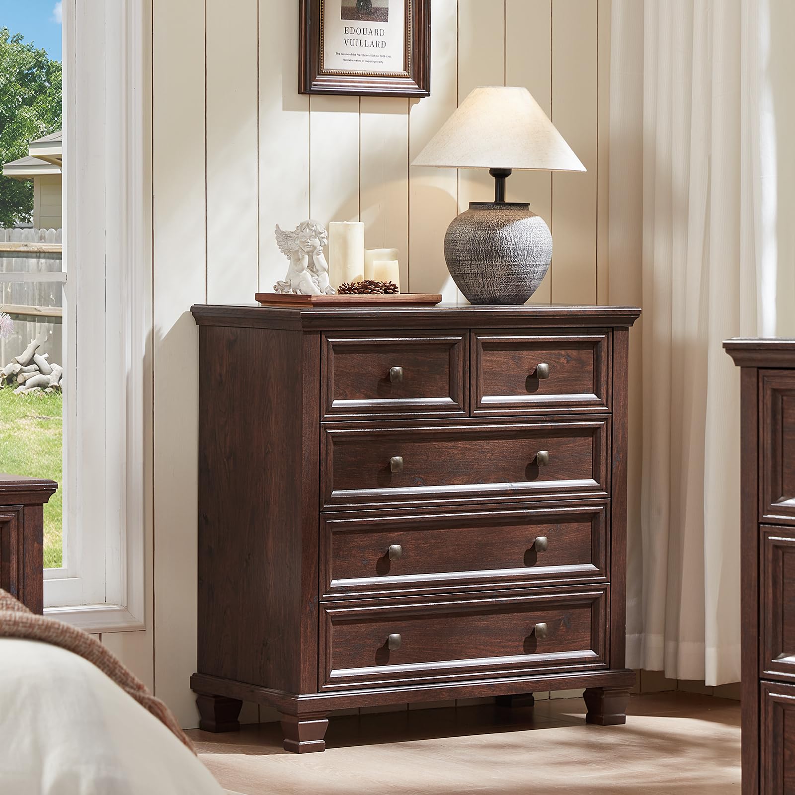 SAVOR LIFE Farmhouse 5 Drawer Dresser for Bedroom, 32.6 Inch Tall Vintage Wood Chest of Drawers, Rustic Small Dressers w/Square Wooden Legs,