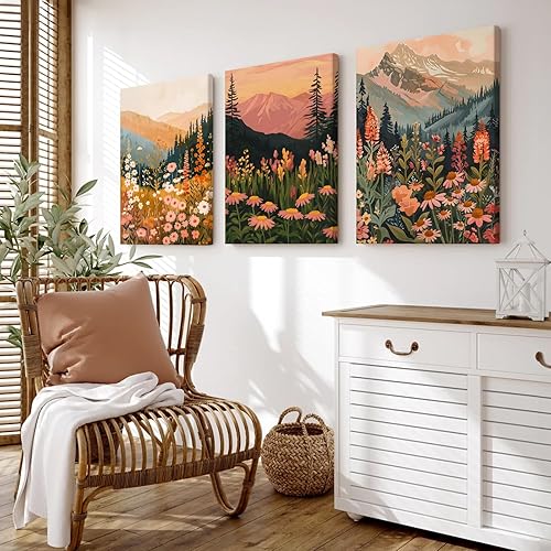 Miniatura 3 de Arte de pared bohemio con margaritas, lienzo de montaña, impresiones abstractas de flores silvestres, puesta de sol, arte de pared, imágenes