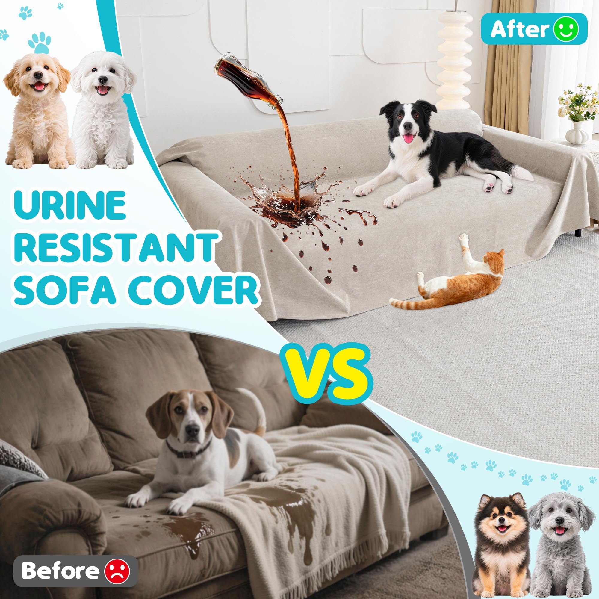 Loiion 100% Sofabezug Wasserdicht, Sofaüberwurf rutschfest Schutz Hund, Urin Schutz Sofa​ für Katzen​ Hunde Haustier, Couch Überzug Wasserdicht 2 Sitzer, Hellbraun, 300x180 cm