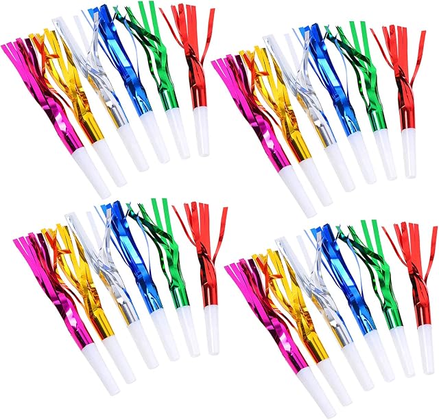 Musical Blowouts Fringed Noisemaker, 24 Pack Metallic Fringed Noise Maker Party Supplies Blowouts Party Whistles Party Bag Fillers for Kids Children Birthday Baby Shower Christmas New Year