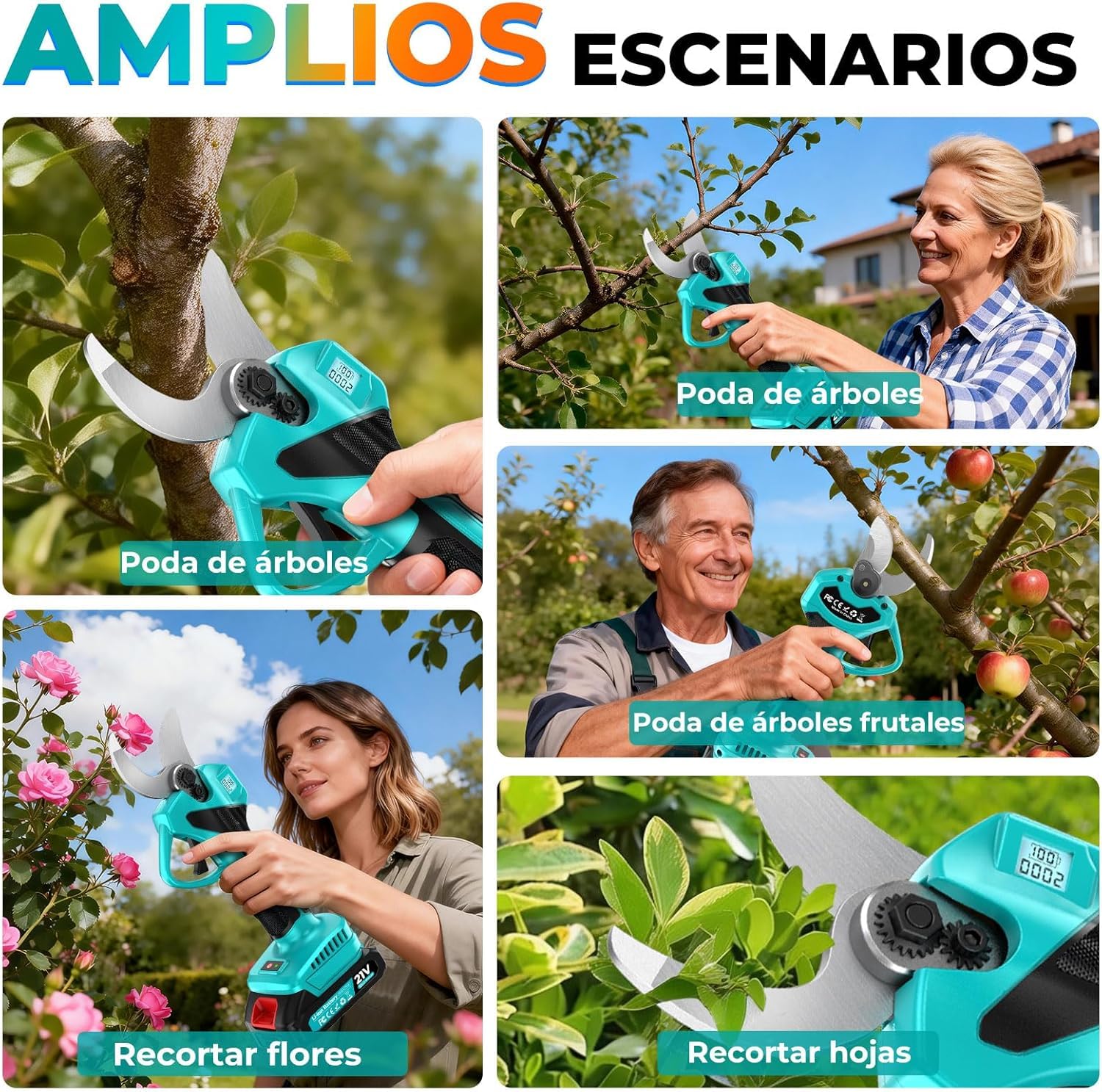 Tijeras de Podar Eléctricas, 21V Motor Sin Escobillas,33mm Tijeras de Podar Bateria con 2 x 2 Ah Baterías,Pantalla LCD y SK7 Cuchillas, Ligera Tijeras Podar para Jardinería, Árboles Frutales, Rosales