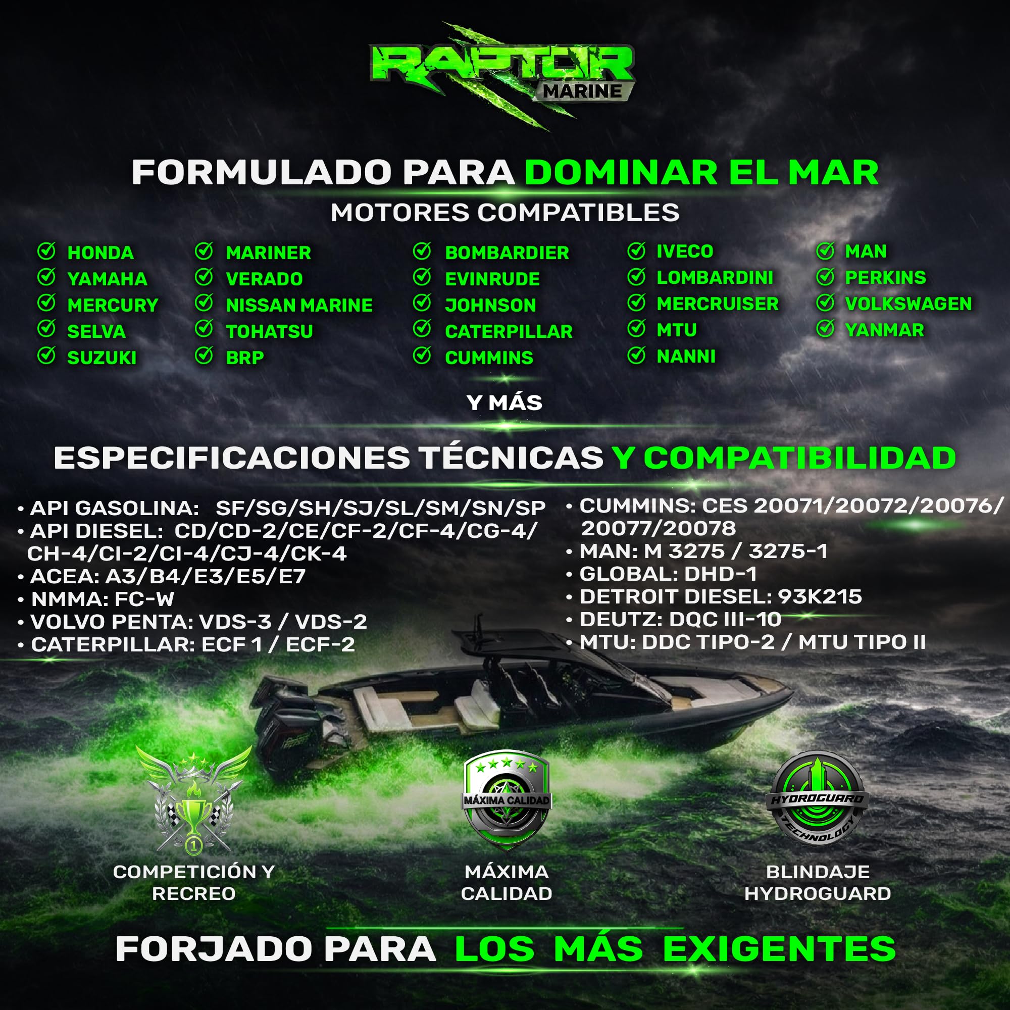Raptor Marine - Aceite Motor Marino 10W40 100% Sintético Hydroguard | 5L | Fueraborda e Intraborda 4T | Gasolina y Diésel | Anticorrosión | NMMA FC-W, API SP