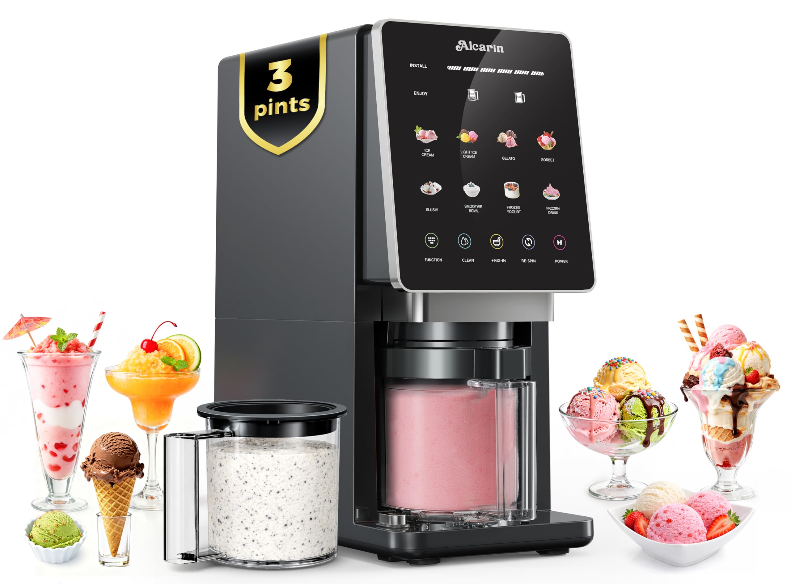 Photo 1 of ****POSSIBLY FOR PARTS/ UNTESTED*** Alcarin Ice Cream Maker with 3 Pints(Not Freezer) Homemade Slushie Gelato Yogurt Sorbet Frozen Treat Machine 10 Pre-set Program Respin & Mix-in