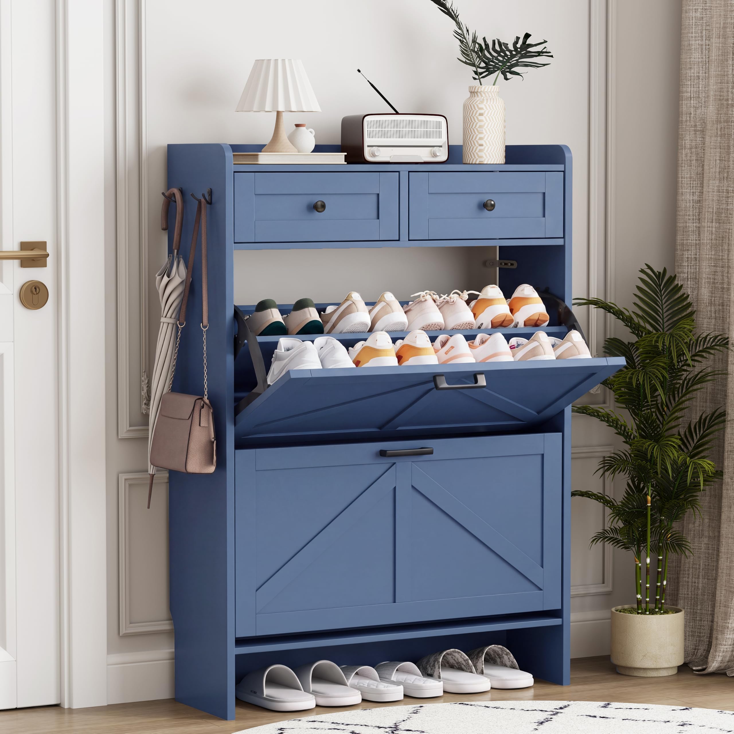 Shoe Cabinet with 2 Flip Drawers &amp; 2 Top Drawers, 43" Tall Freestanding Narrow Wooden Shoe Storage Organizer for Entryway, Hidden Slim Shoe Rack for Front Door Entrance, Hallway, Living Room, Blue