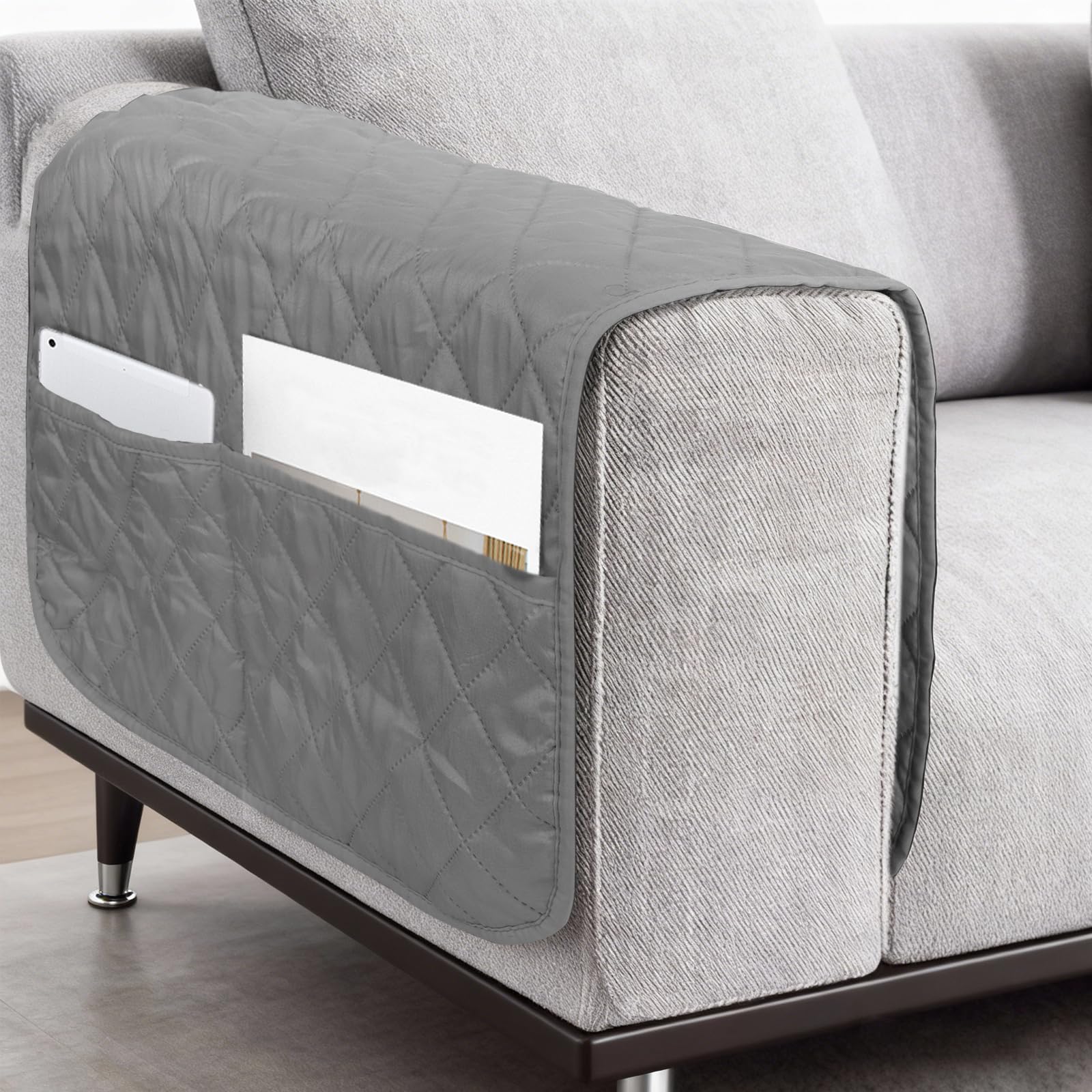 Armchair Protectors Covers, 1PC Armchair Arm Cover with Pockets, Light Grey Sofa Armrest Cover for Recliners Armchairs