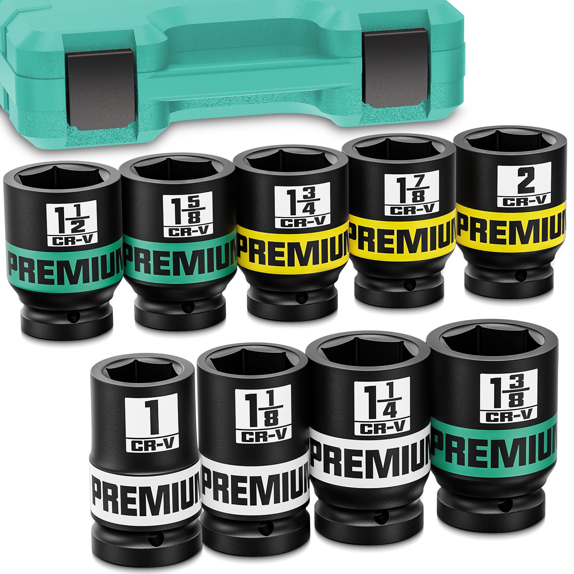 KIRXST 1" Drive Jumbo Impact Socket Set, SAE Axle Nut Sockets, 9-Piece (1-2 in.) Drive Deep Impact Socket Set, 6-Point, Cr-V Steel, Universal Hex Deep