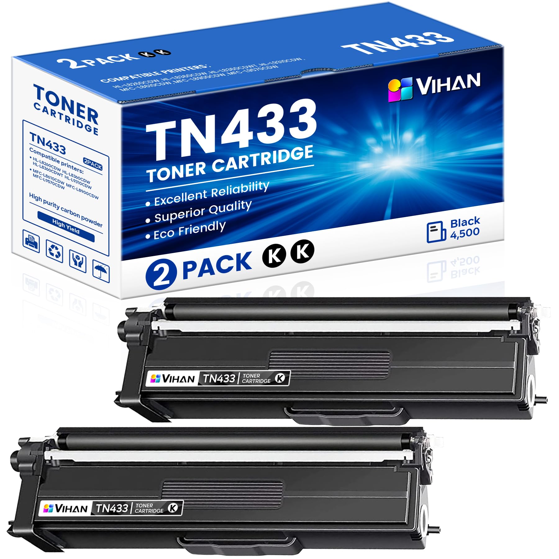 TN-433 TN433BK Toner Cartridge 2 Pack Replacement for Brother TN433 TN433BK Toner Cartridge HL-L8360CDW MFC-L8900CDW Printer Ink