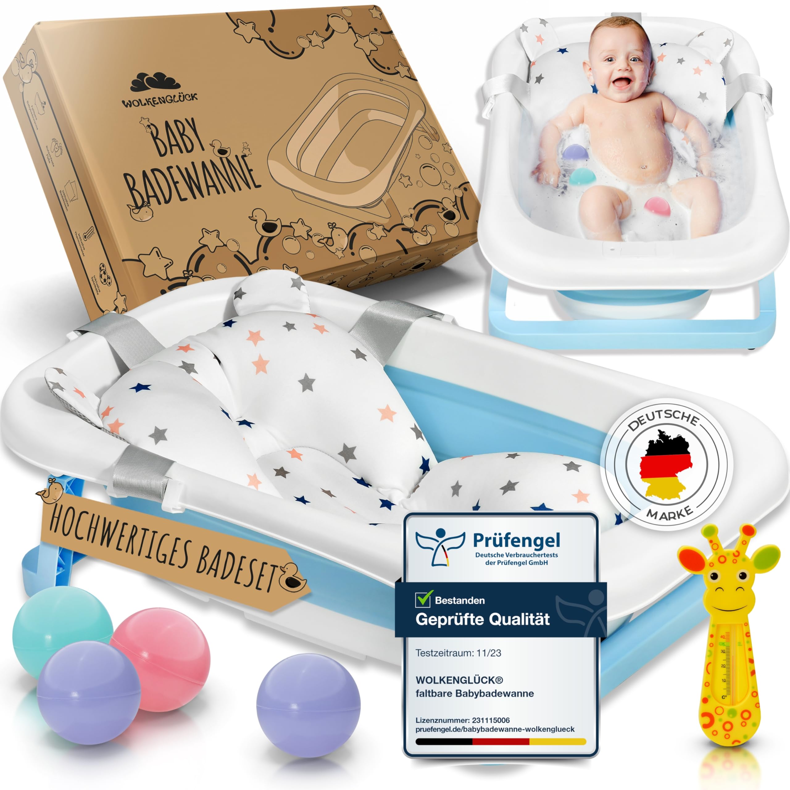WOLKENGLÜCK® Faltbare Babybadewanne [50 Liter] - Platzsparende Baby Badewanne inkl. Thermometer, 4 Spielbällen & extra weichem Badekissen - Hochwertige Badewanne für Babys - BPA-frei