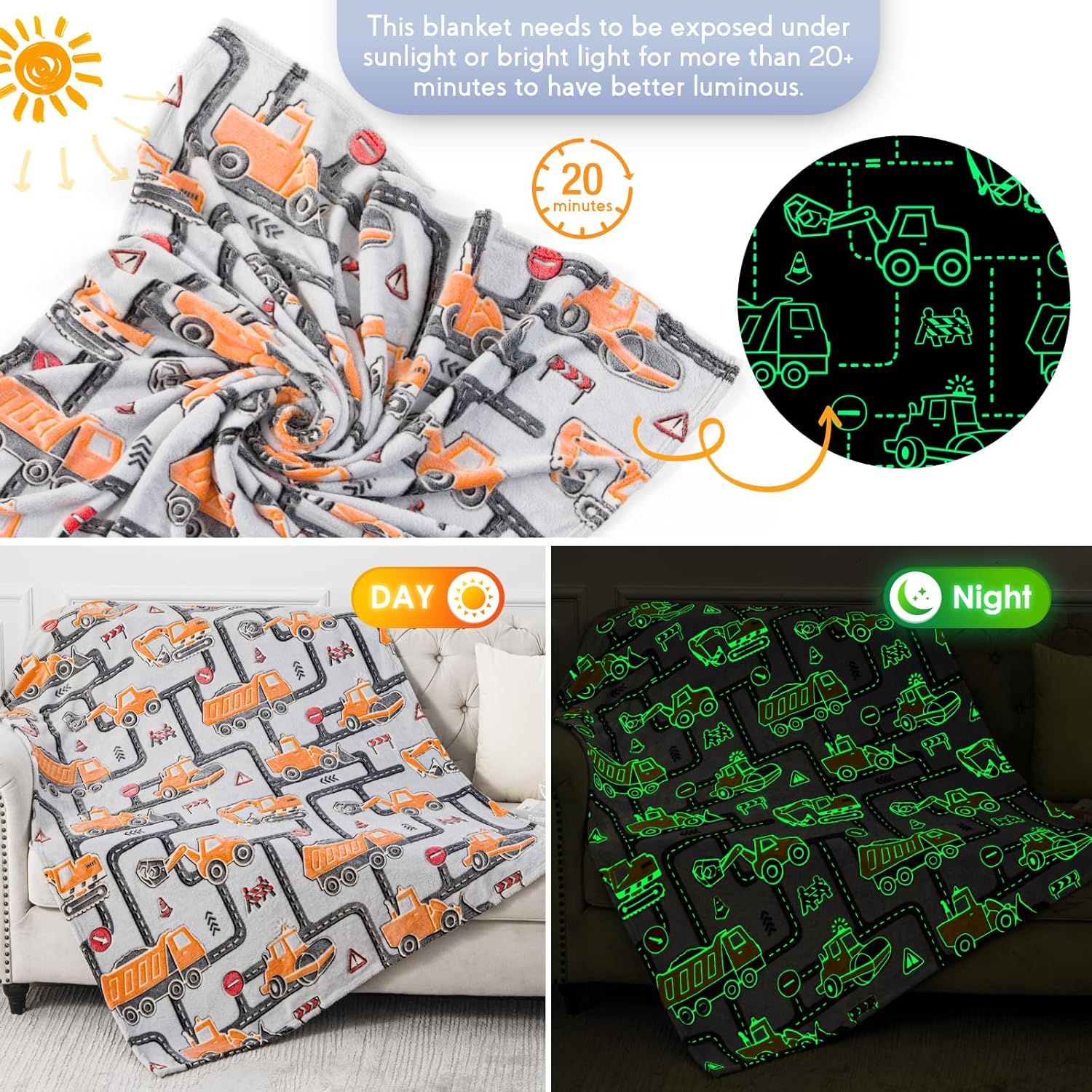 Kids Boys Construction Excavator Gifts Toys - Glow in The Dark Truck Blanket Birthday Christmas Valentine's Easter Gift for Age 1 2 3 4 5 6 7 8 9 10 Years Old Teen Toddlers Car Plush Throw 50"x60" - Image 4