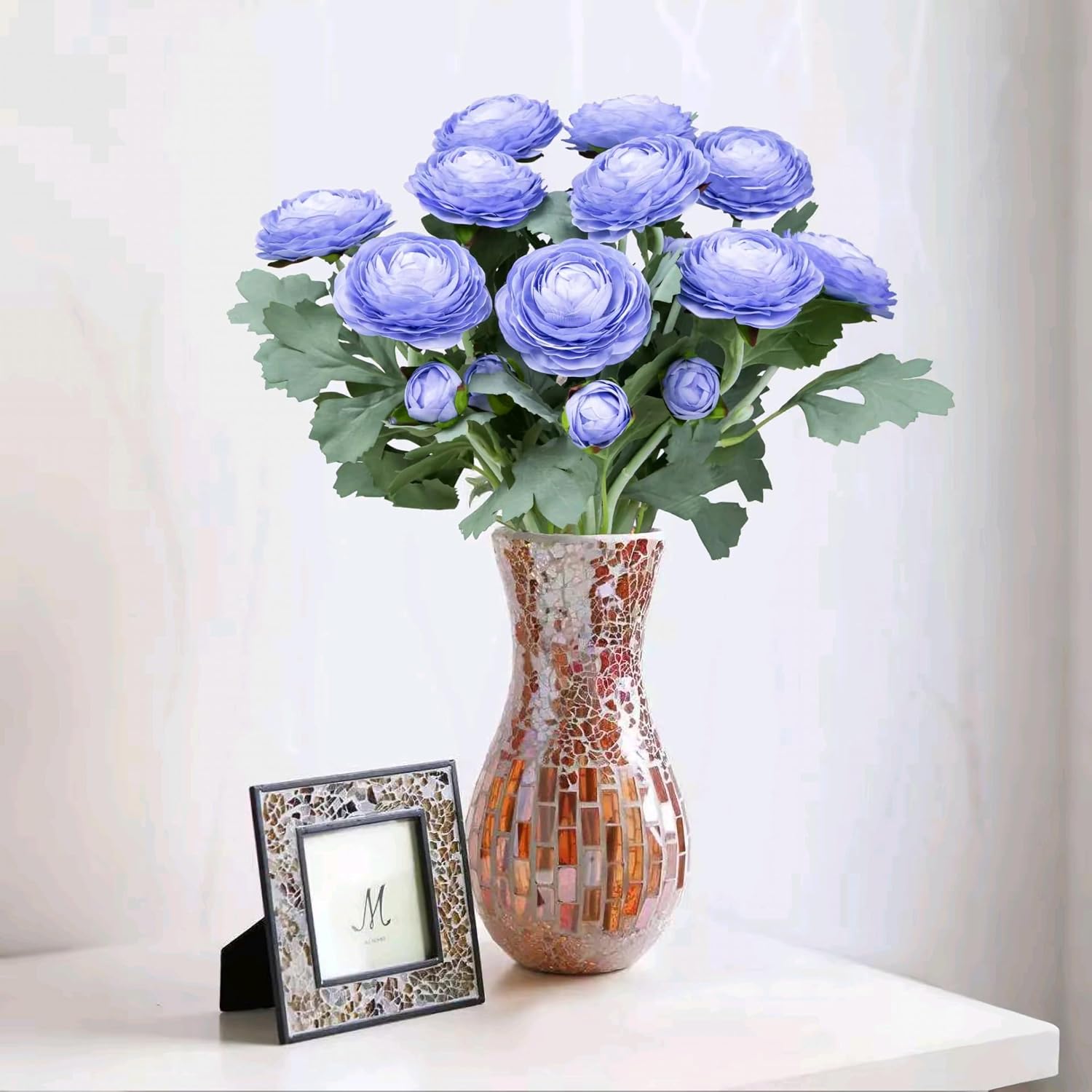 Artificial Ranunculus Flowers with Real Touch Stem, Silk Ranunculus Flowers (Blue, 10pcs)