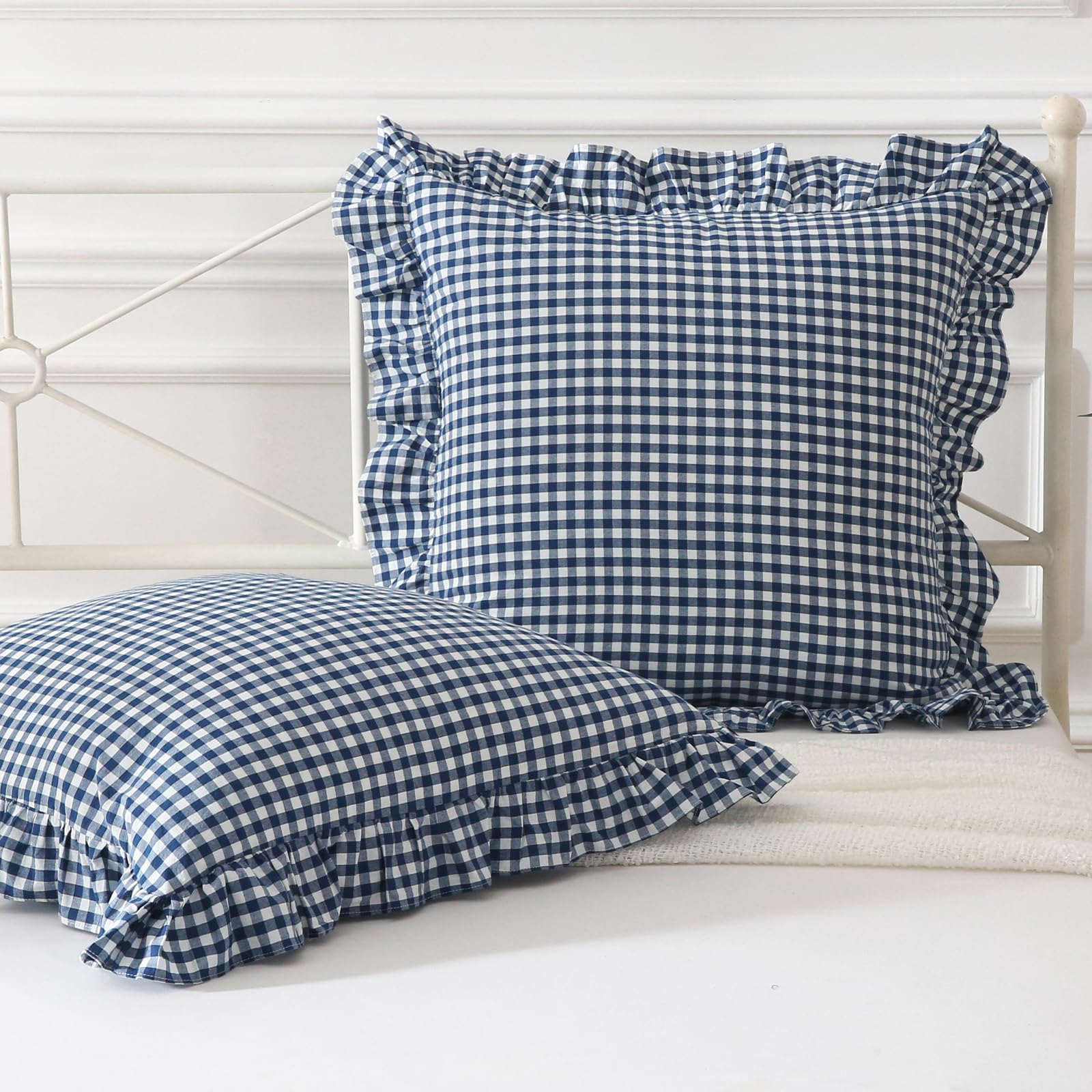 Mywinlle Navy Blue Plaid Ruffle Throw Pillow Covers 20"x20",2 Pack Vintage Checkered Decorative Washed Cotton Pillow Shams for Bed, Sofa, Living Room