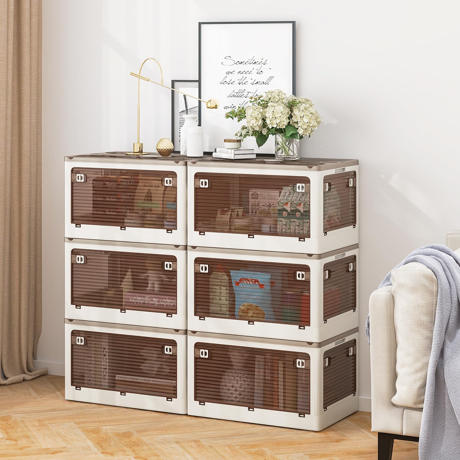 COSTWAY Set di 3 Contenitori Impilabili con Coperchi, Contenitori Pieghevoli in Plastica 132/90 L, Organizzatore con Ruote per Camera da Letto Soggiorno e Cucina (51,5x36,5x88cm)