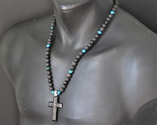 Miniatura 4 de Men's Cross Necklace Natural Blue Tiger Eye Black Onyx Lava Beaded Long Crystal Protection Healing Gemstone Necklace Christmas Gift For Him