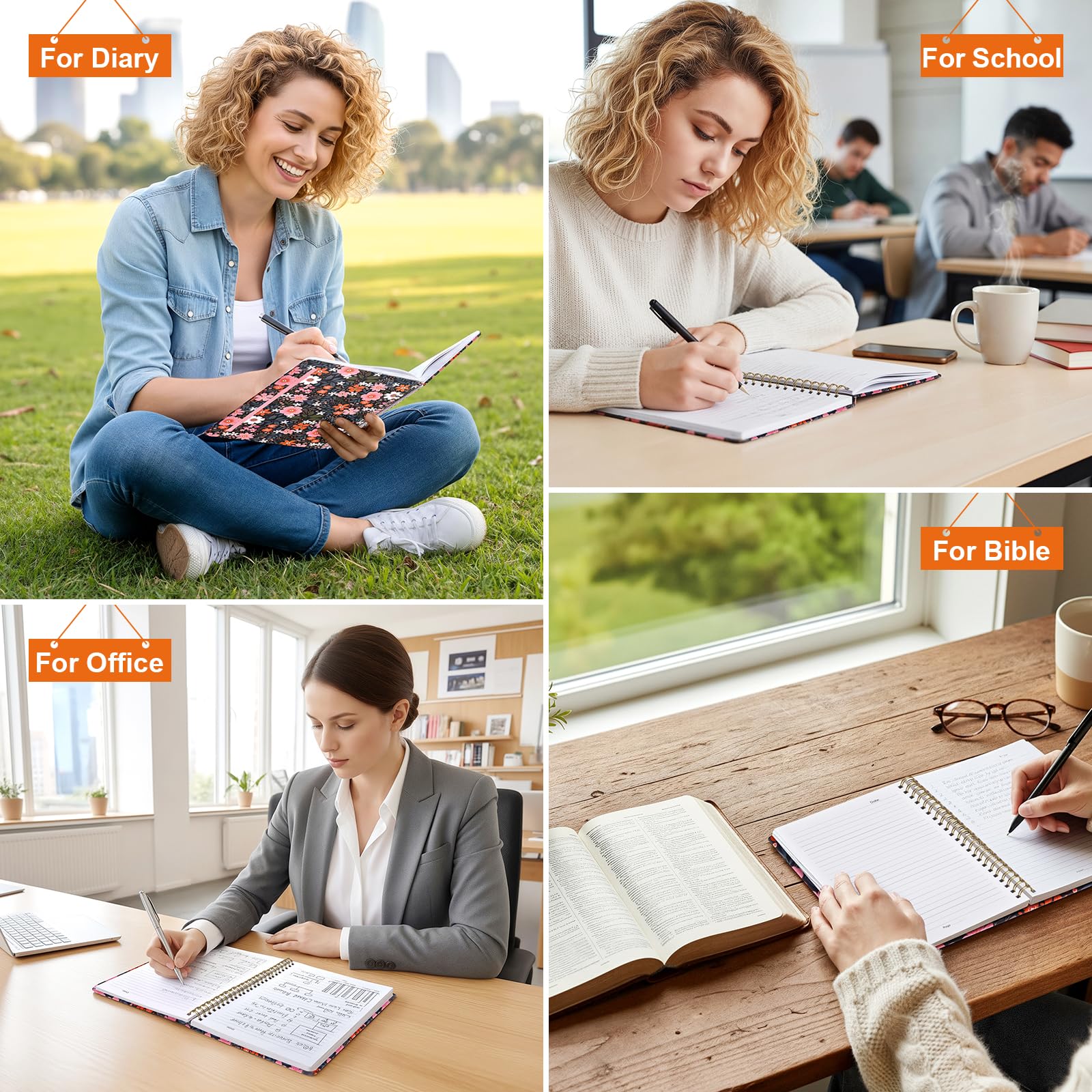 Taccuino a spirale da donna, quaderno a spirale con motivo floreale a righe, copertina rigida, 140 pagine, quaderni per lavoro e diario, prendere appunti, A5 100 g/m² e tasca fronte-retro